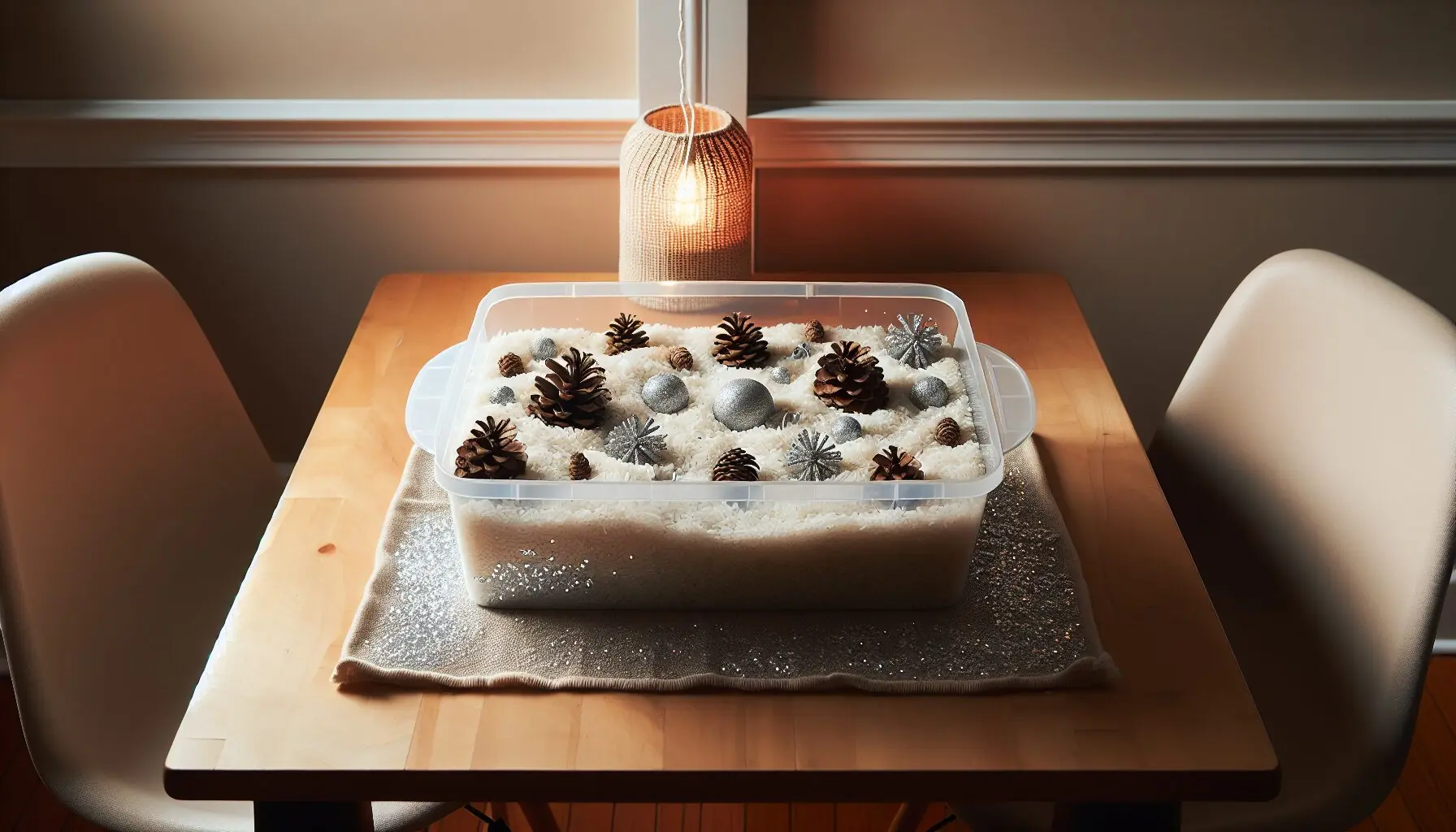 Generate an inviting image of a cozy sensory bin filled with white rice, pinecones, and glitter, set on a kitchen table.