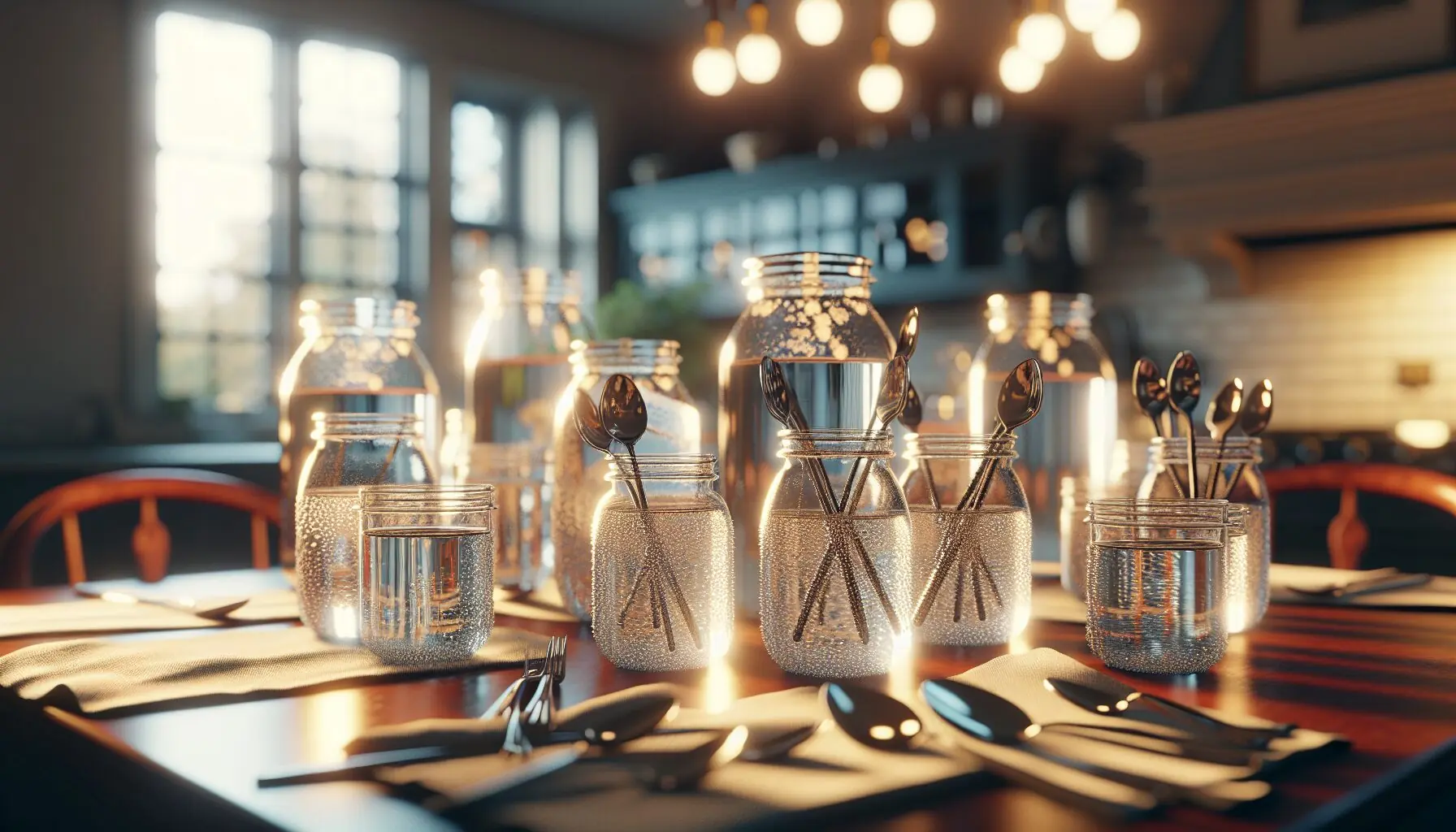 Generate an image of a cozy kitchen table with metal spoons and various glass jars filled with water.