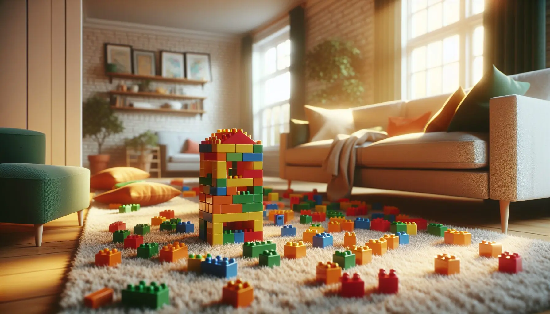 Generate an image of a parent-child duo triumphantly high-fiving over a completed block structure.