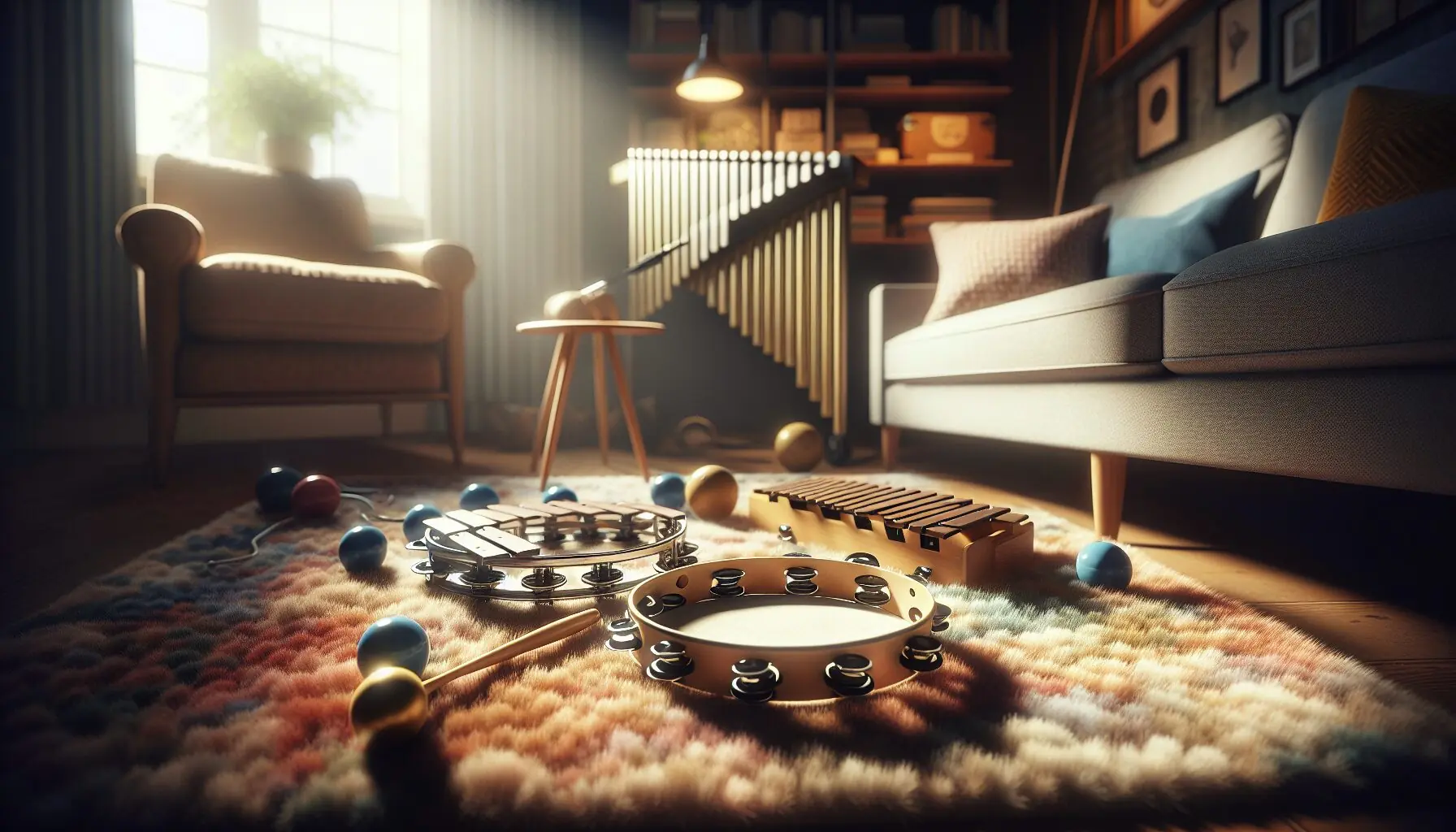 Generate an image of a whimsical music-themed setting with instruments like a tambourine and xylophone.