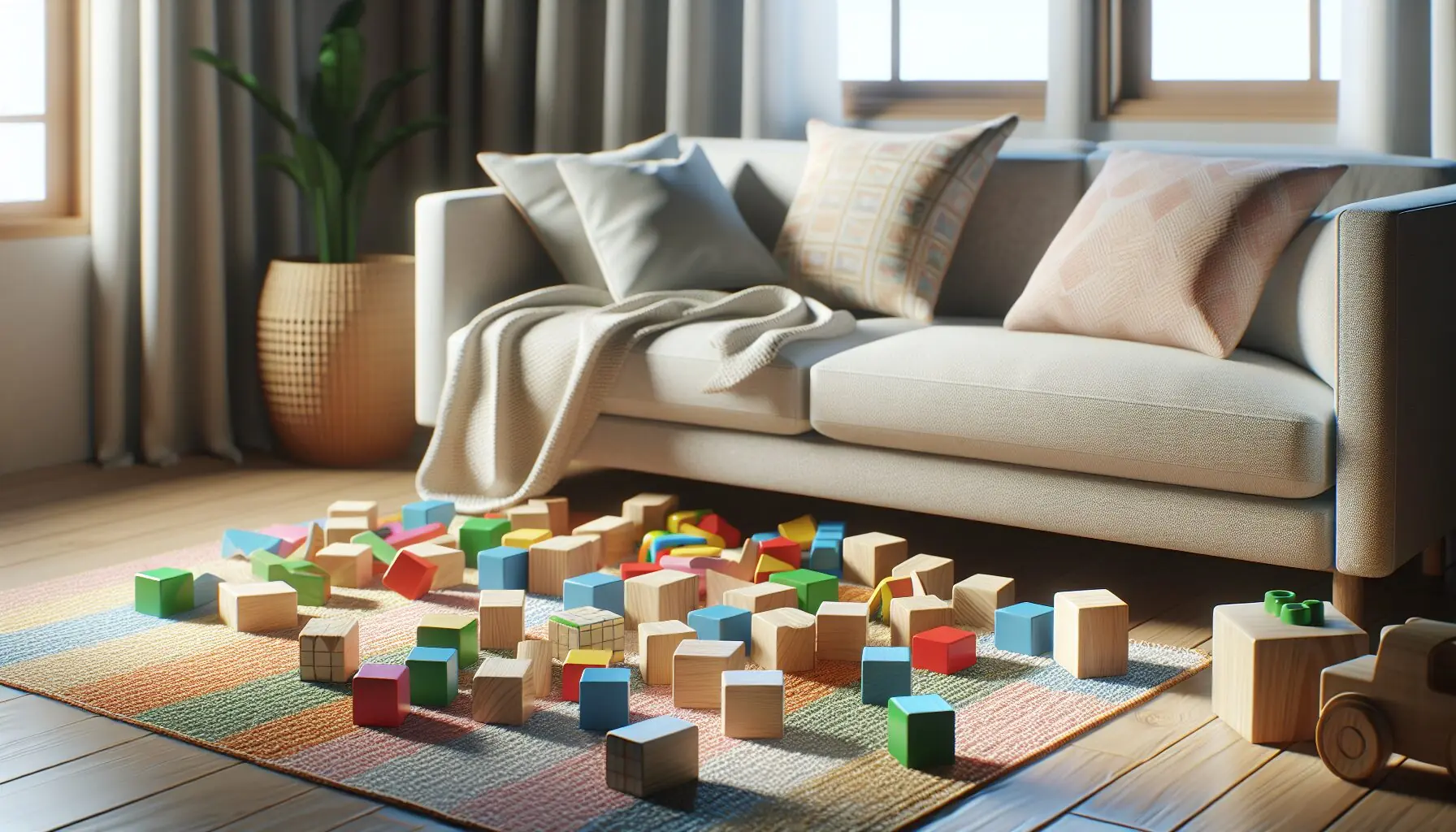 Generate an image of colorful wooden building blocks on a play mat.