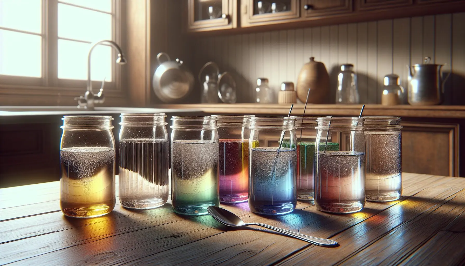Generate an image showing a set of colored water glasses in varying levels, with a metal spoon positioned nearby.