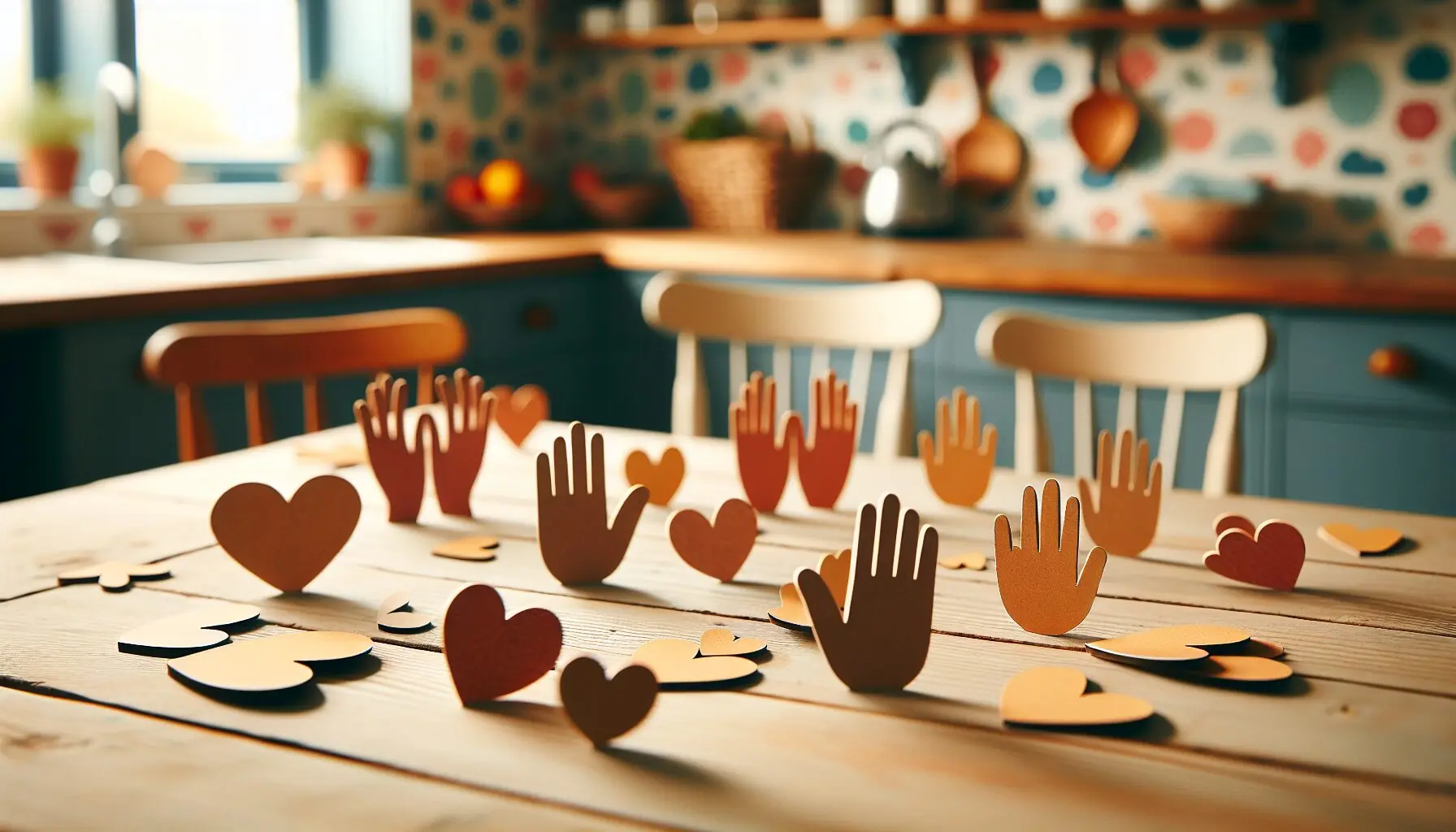 Generate an image of cartoon hearts and hands linked together on a backdrop symbolizing empathy and cooperation.