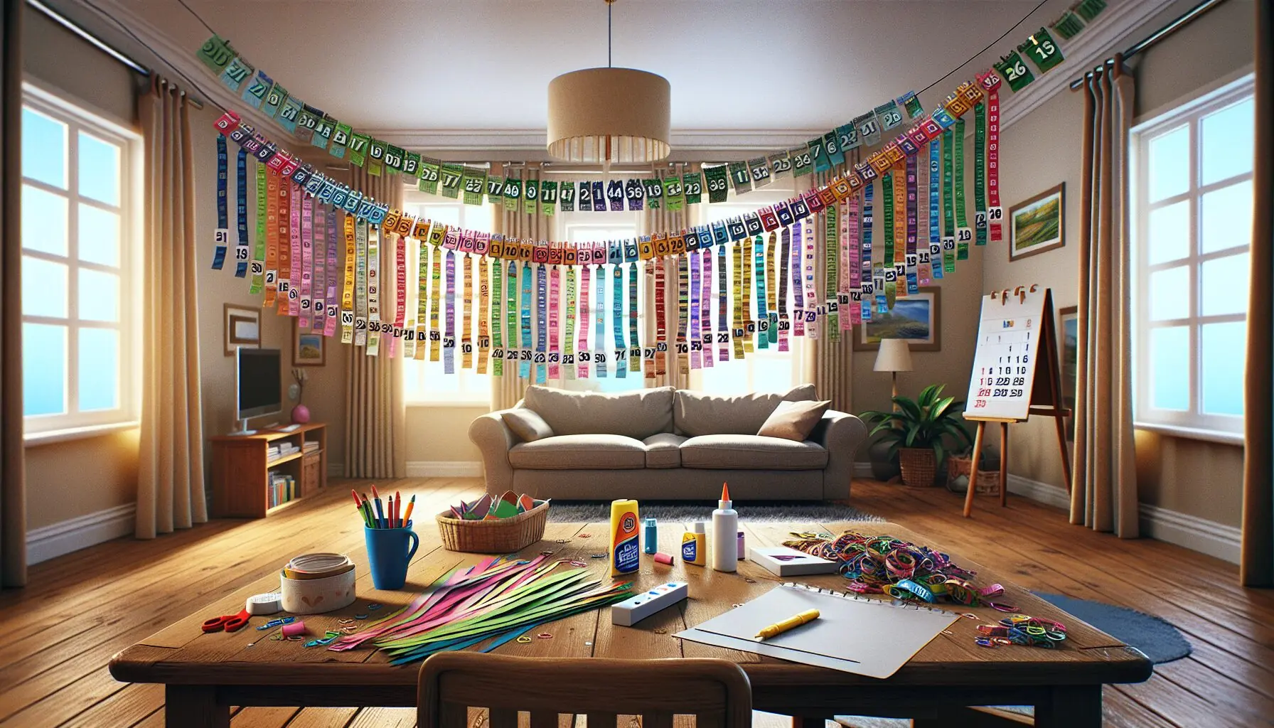 Generate an image of a vibrant paper countdown chain hanging in a cozy living room setting.