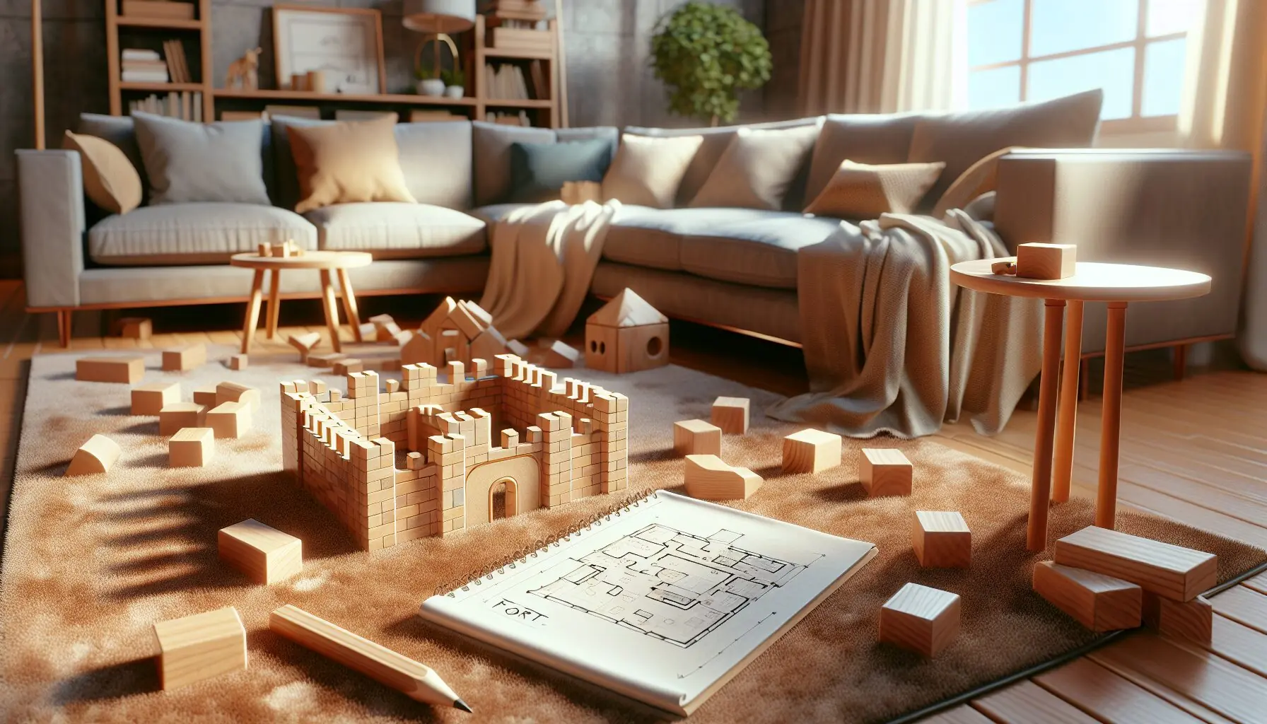 Generate an image illustrating a blueprint or plan for a block fort.