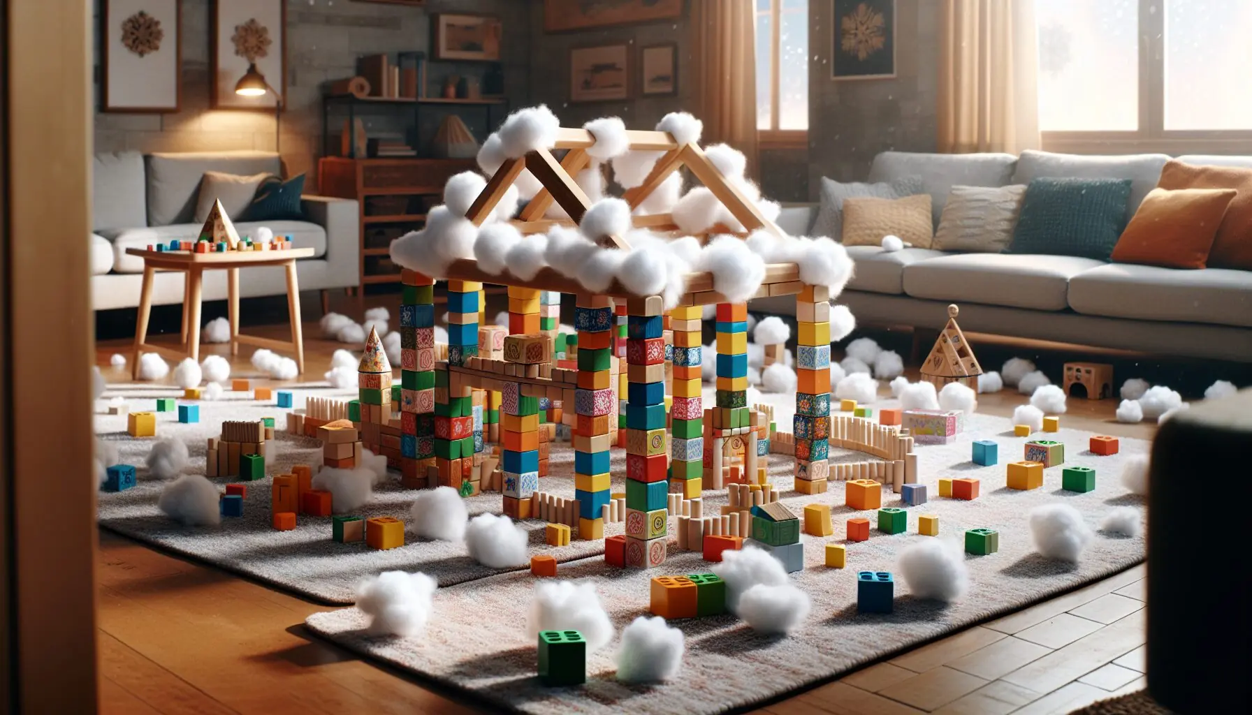 Generate an image of a playful winter fort built with blocks and surrounded by cotton ball snow.