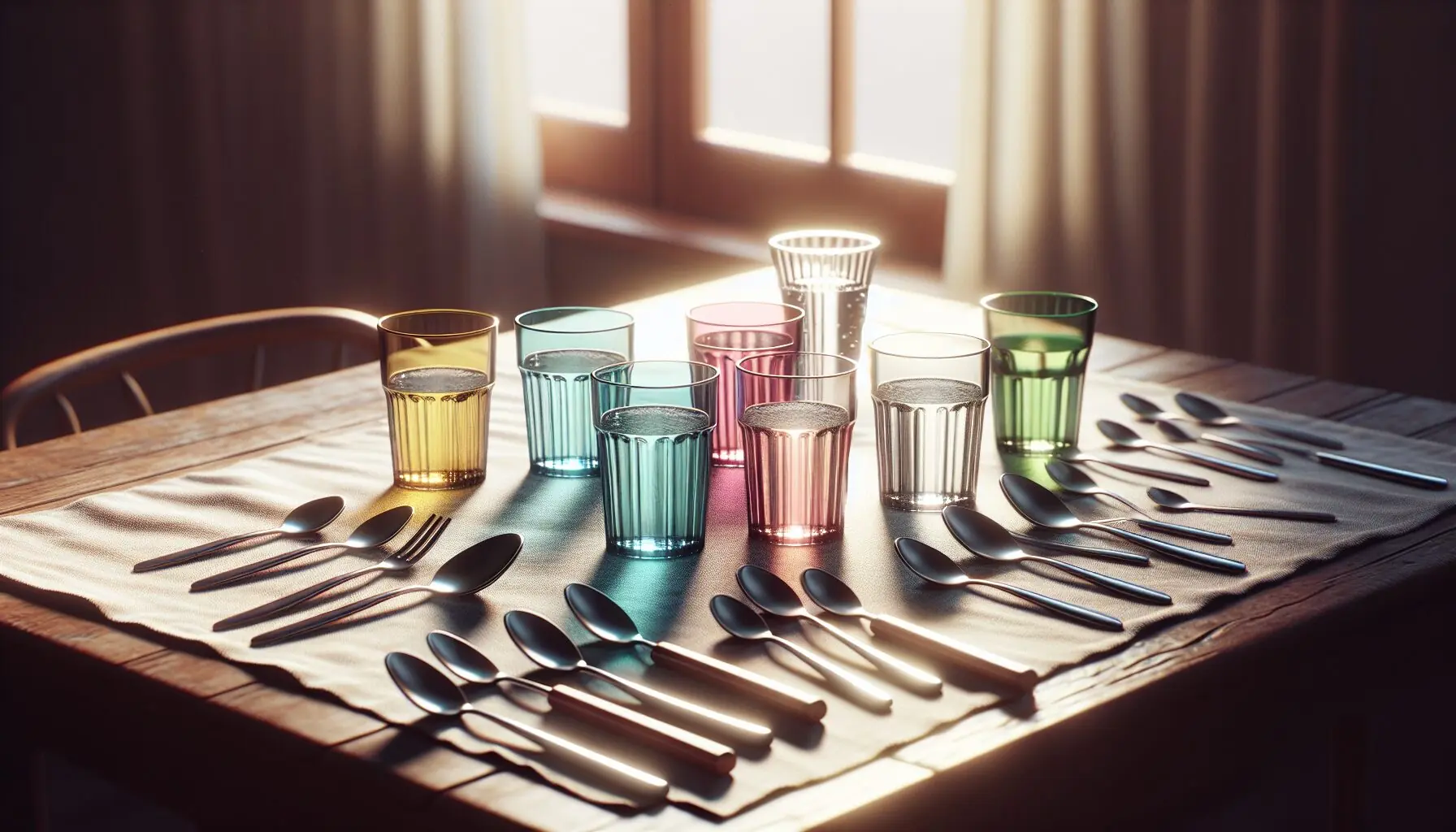 Generate an image depicting musical notes floating around a curious child surrounded by colorful glasses and spoons.