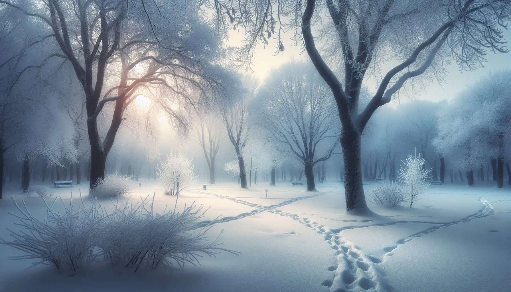 Generate an image of a snowy park with bare trees and animal tracks in the snow.