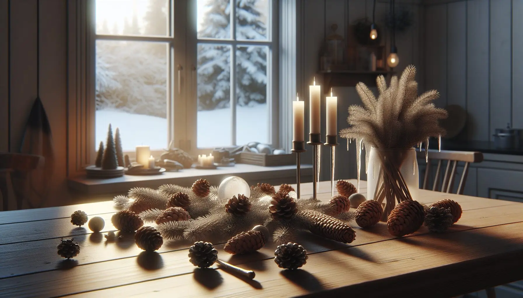 Generate an image of pinecones and icicles in a snowy background, illustrating a winter scavenger hunt item list.