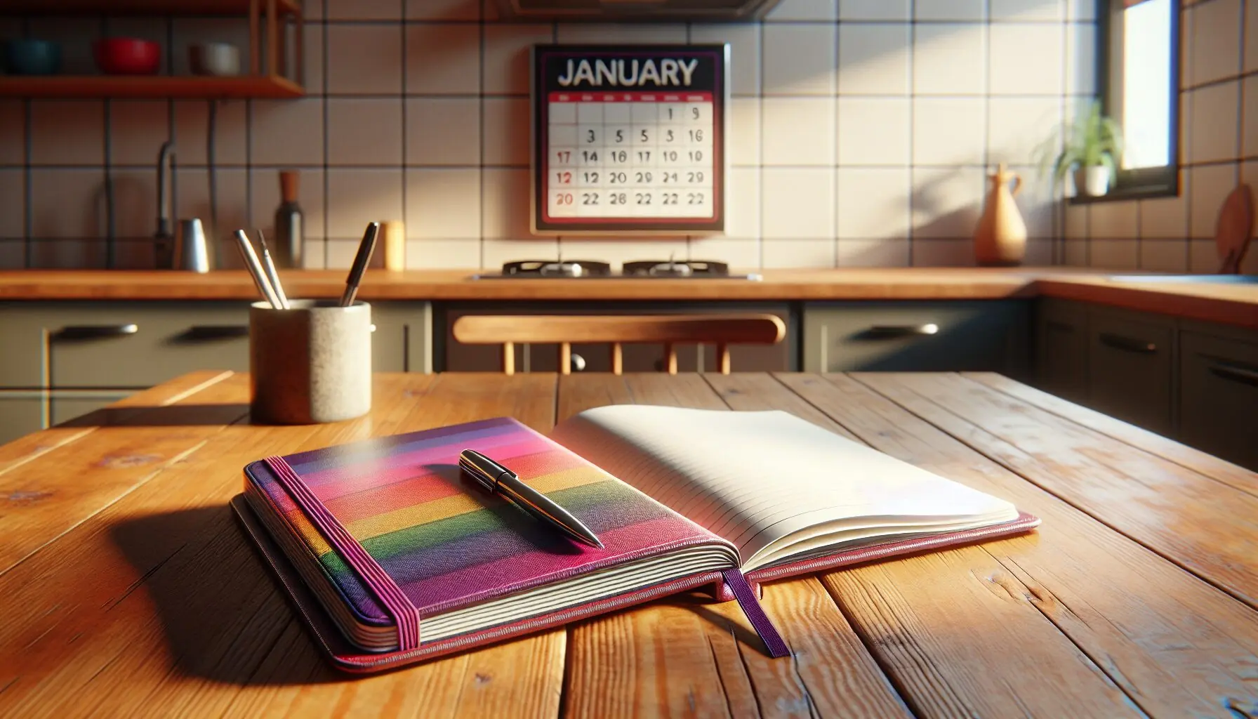 Generate an image of a colorful, open journal next to a calendar showing January.
