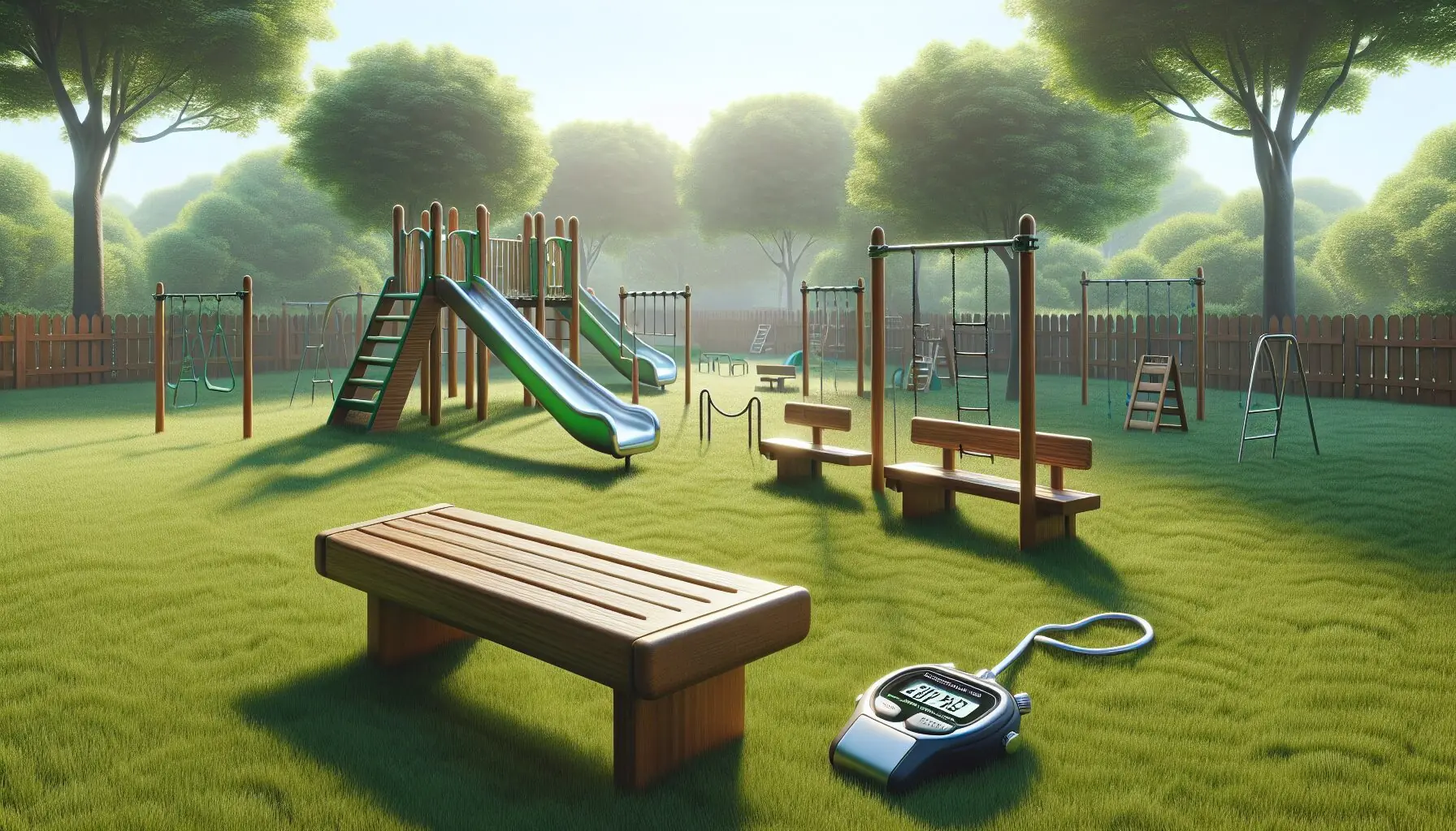 Generate an image of a small playground with slides, balance beams, and a stopwatch placed on a bench.