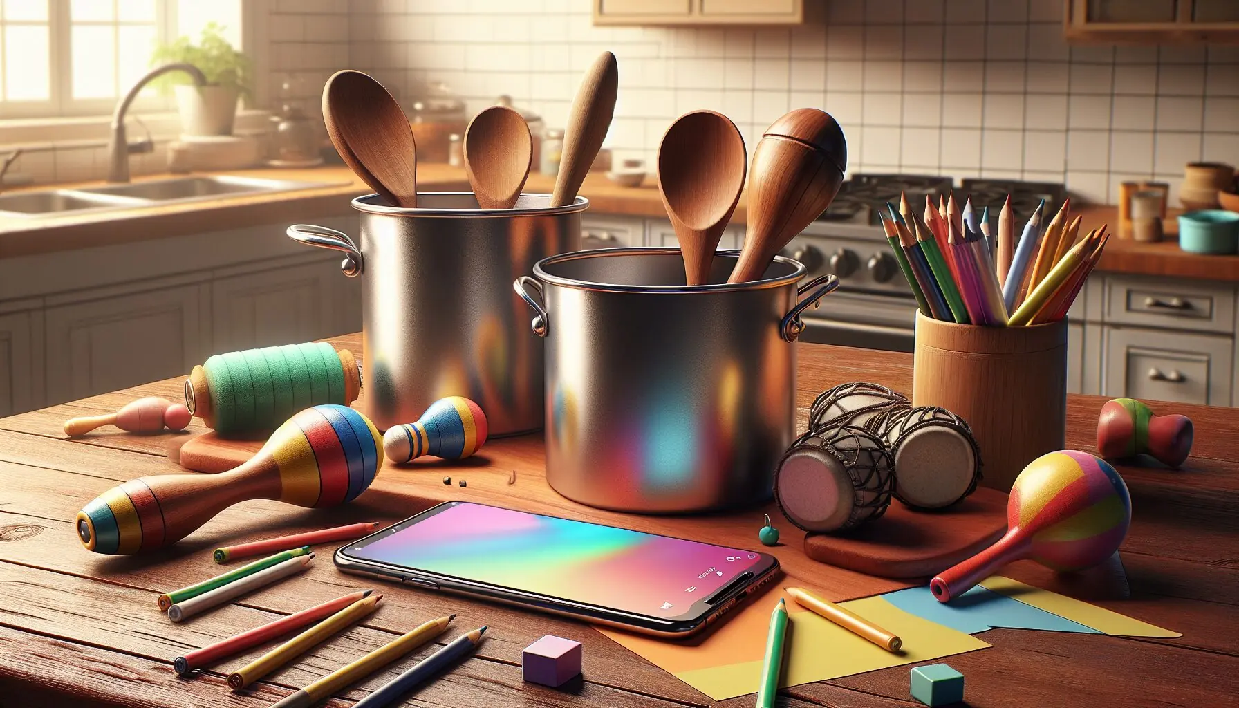 Create an illustration of simple percussion instruments like pots and wooden spoons on a colorful table.