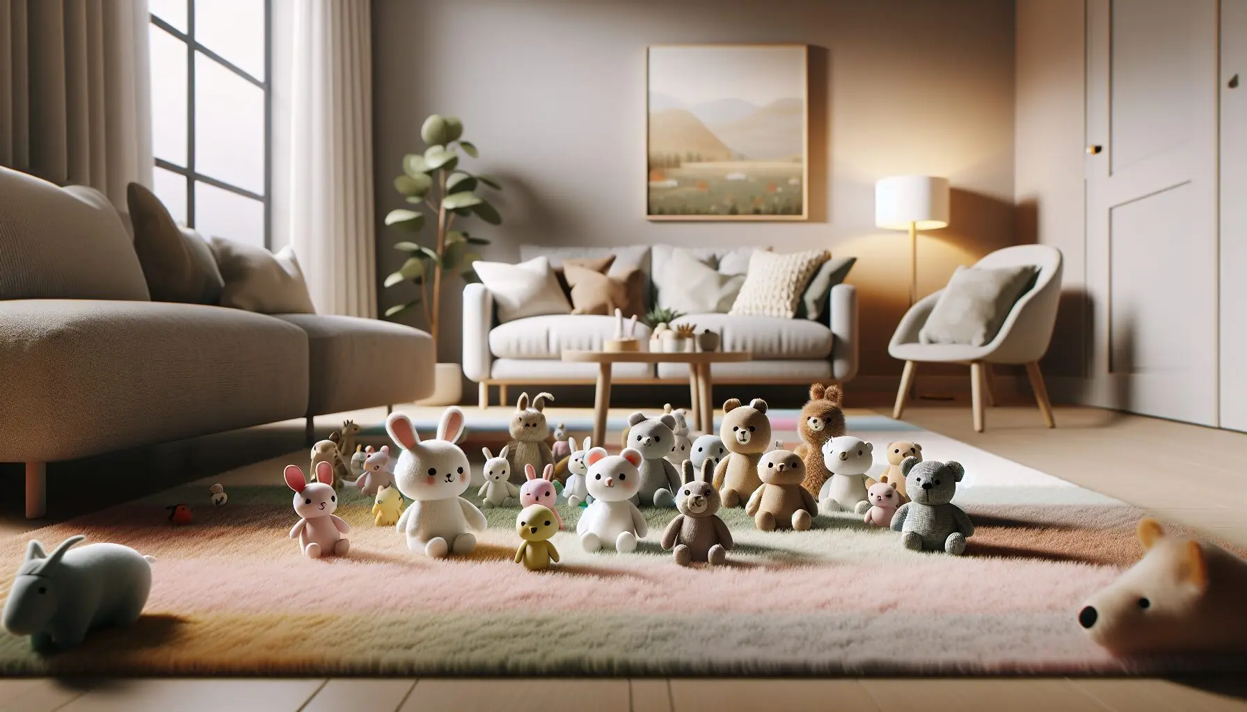 Visualize cute animal figurines or plush toys on a soft rug, with a child playing nearby.