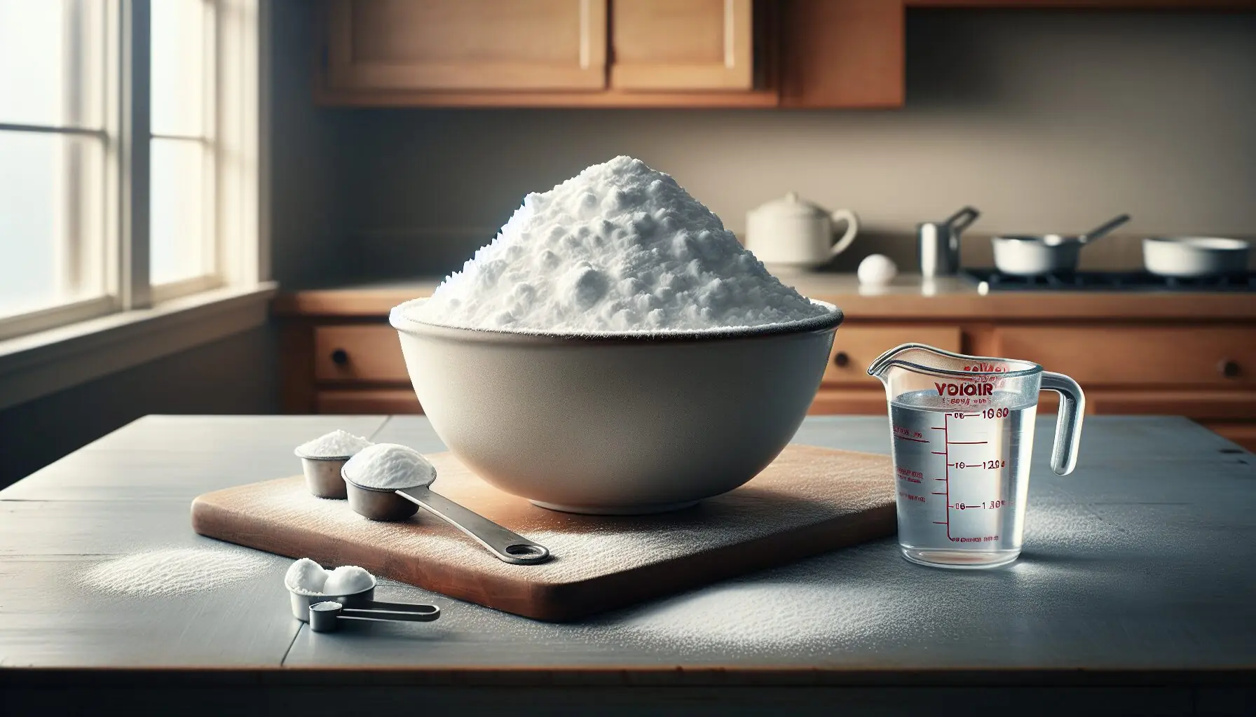 Generate an image of a bowl of baking soda and a measuring cup of water with snow-like texture.