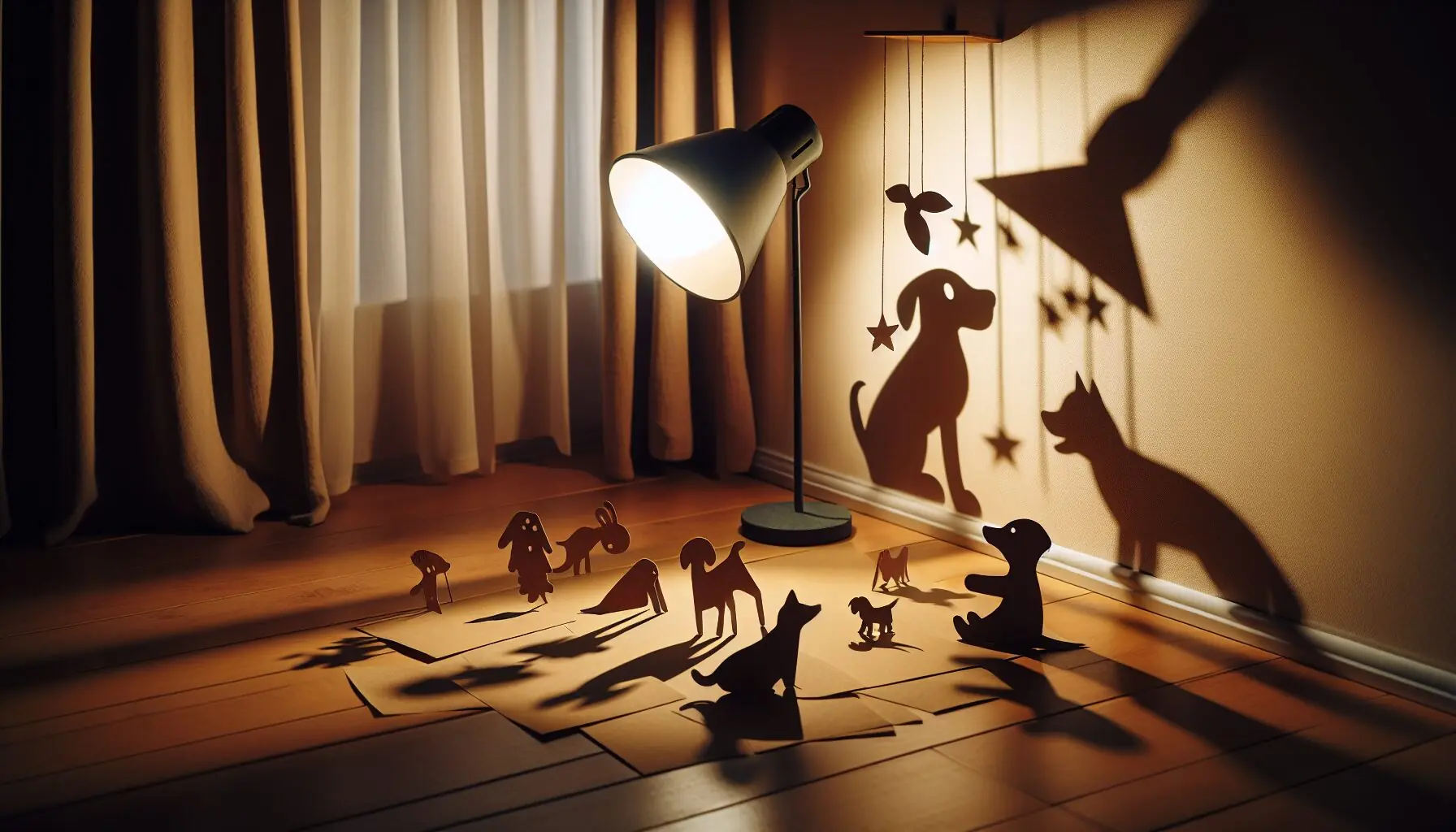 Create an image showcasing playful shadow figures on a wall—like a dog or bird silhouette.