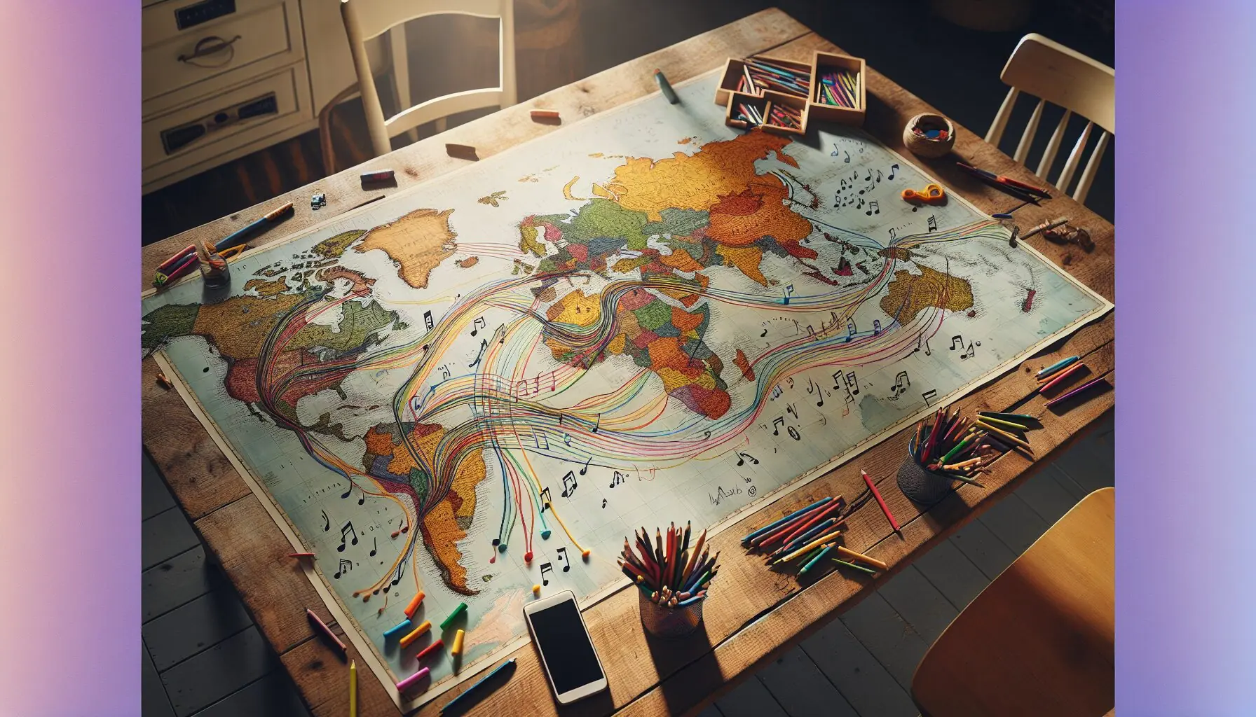 Generate an image of a world map with musical notes connecting different countries.