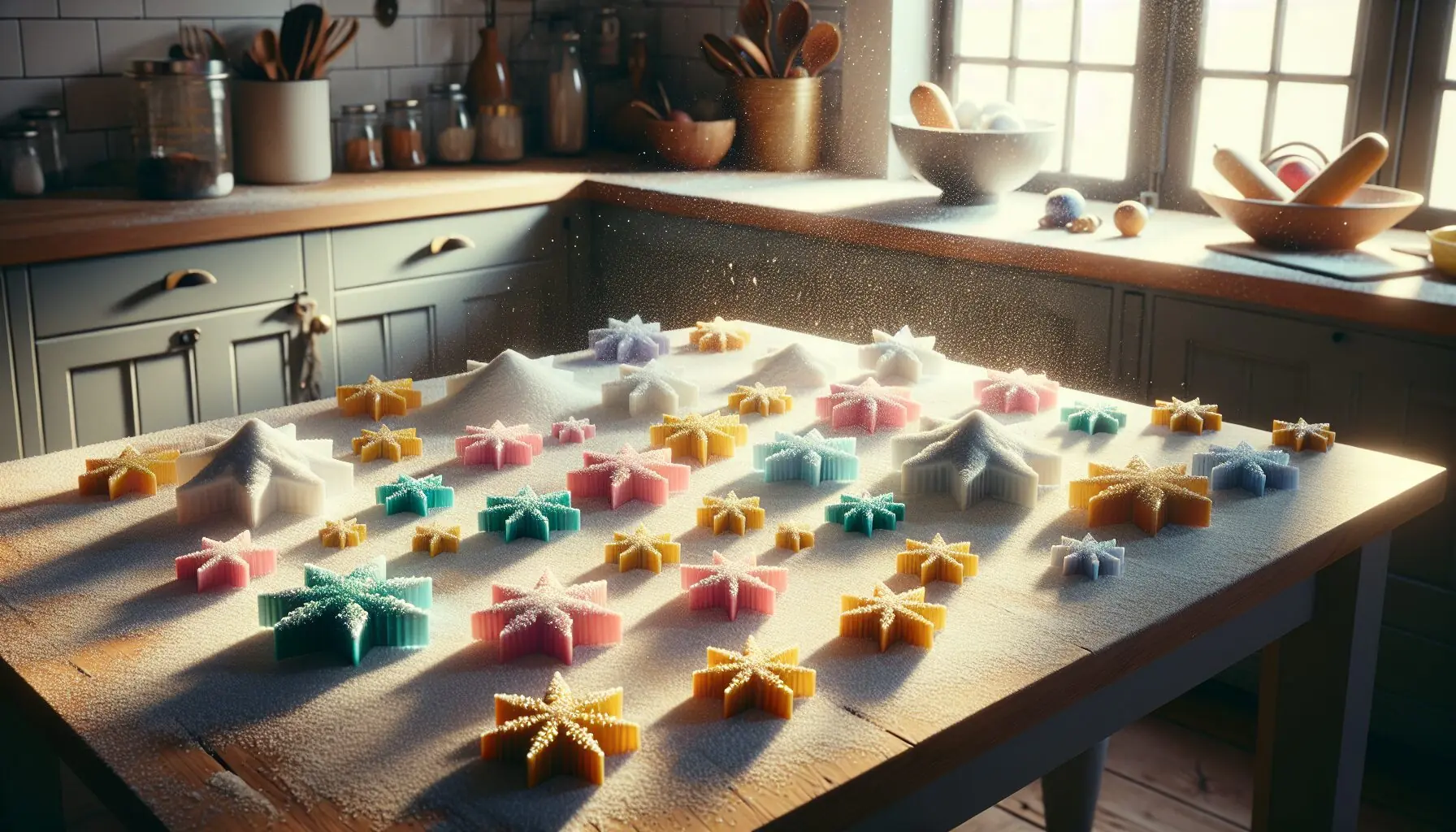 Generate an image of a colorful array of snow molds and glitter on a table with scattered 'snow'.