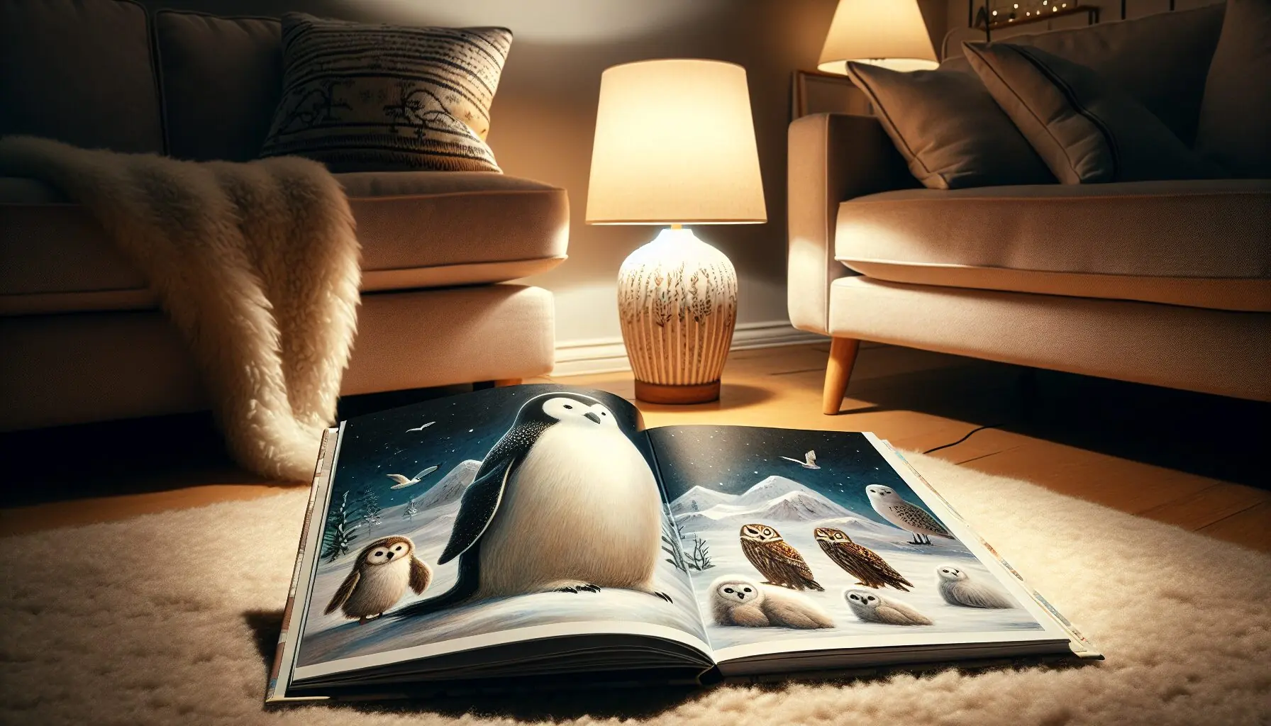 Generate an image of an illustrated book with pictures of polar animals under a warm light.