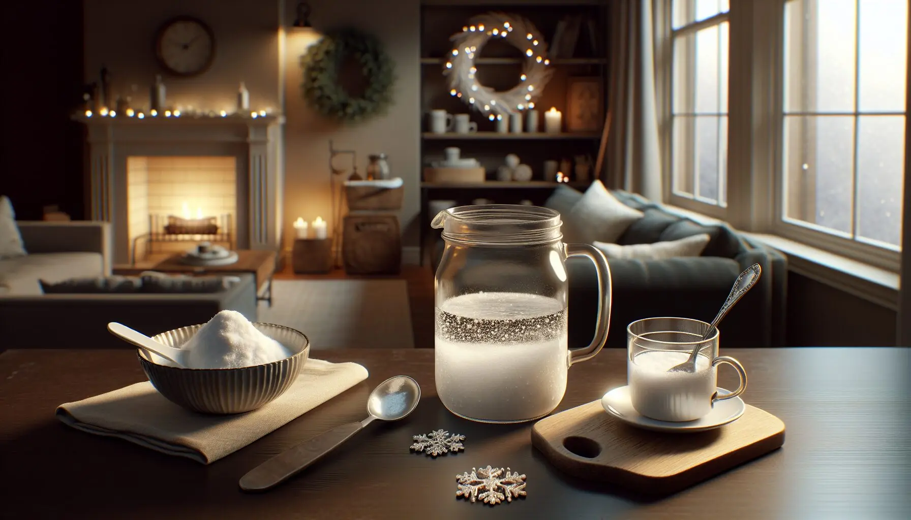 Generate an image of a cozy indoor setting with a fireplace and winter decorations.