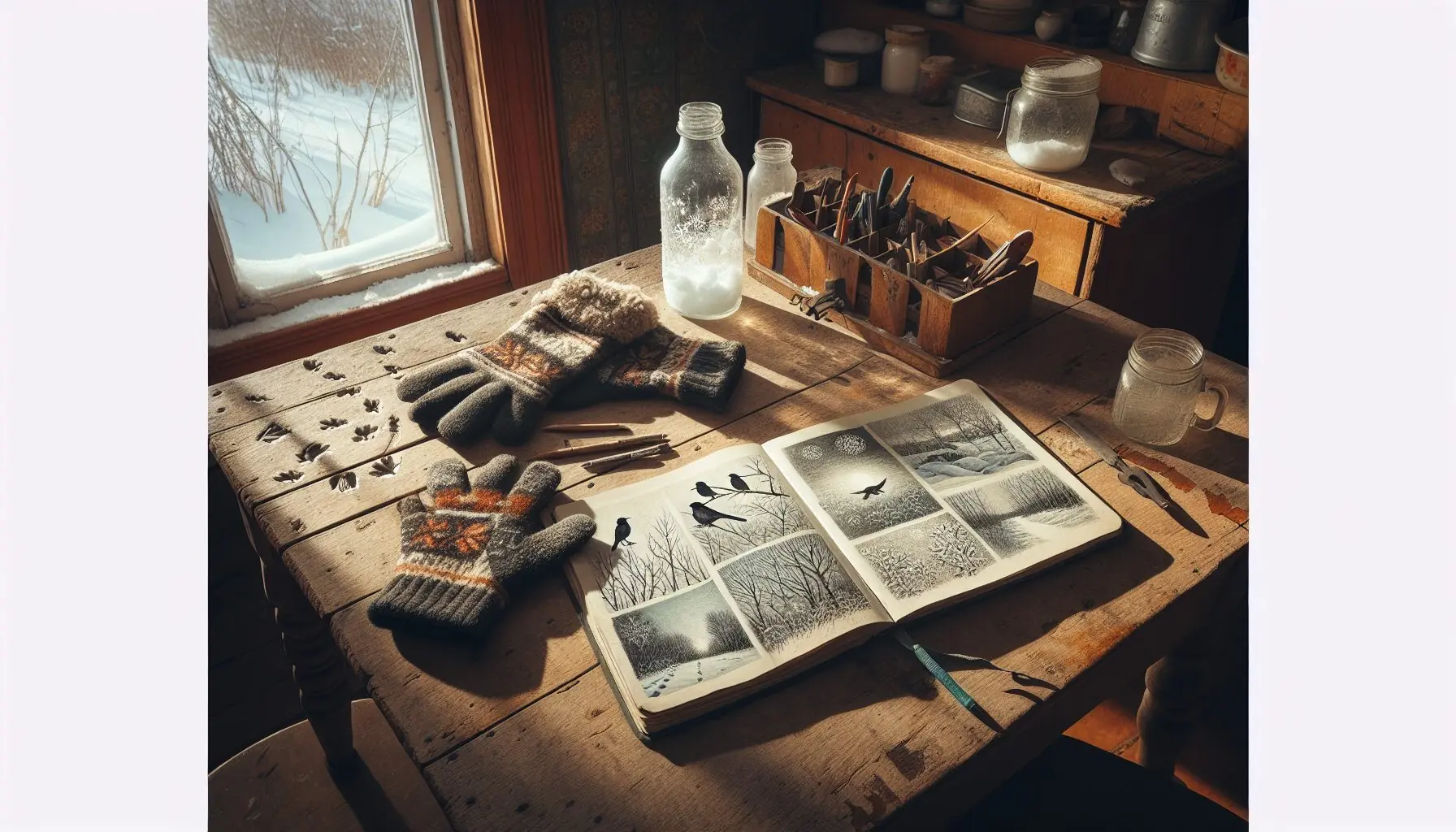 Generate an image of a nature journal with sketches of winter nature findings and children's gloves nearby.