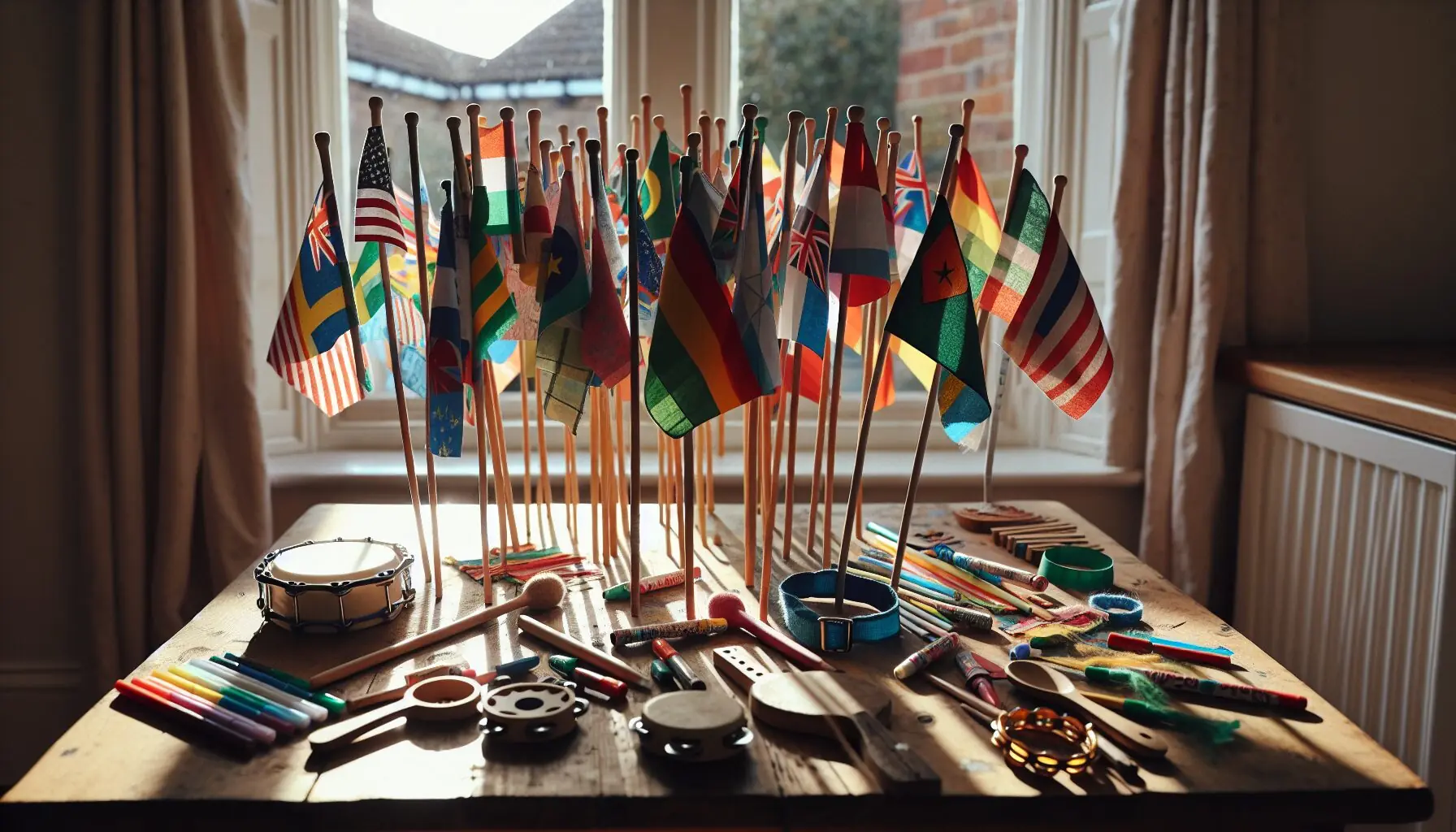 Depict a collage of country flags made from craft paper and markers, with small instruments in the background.