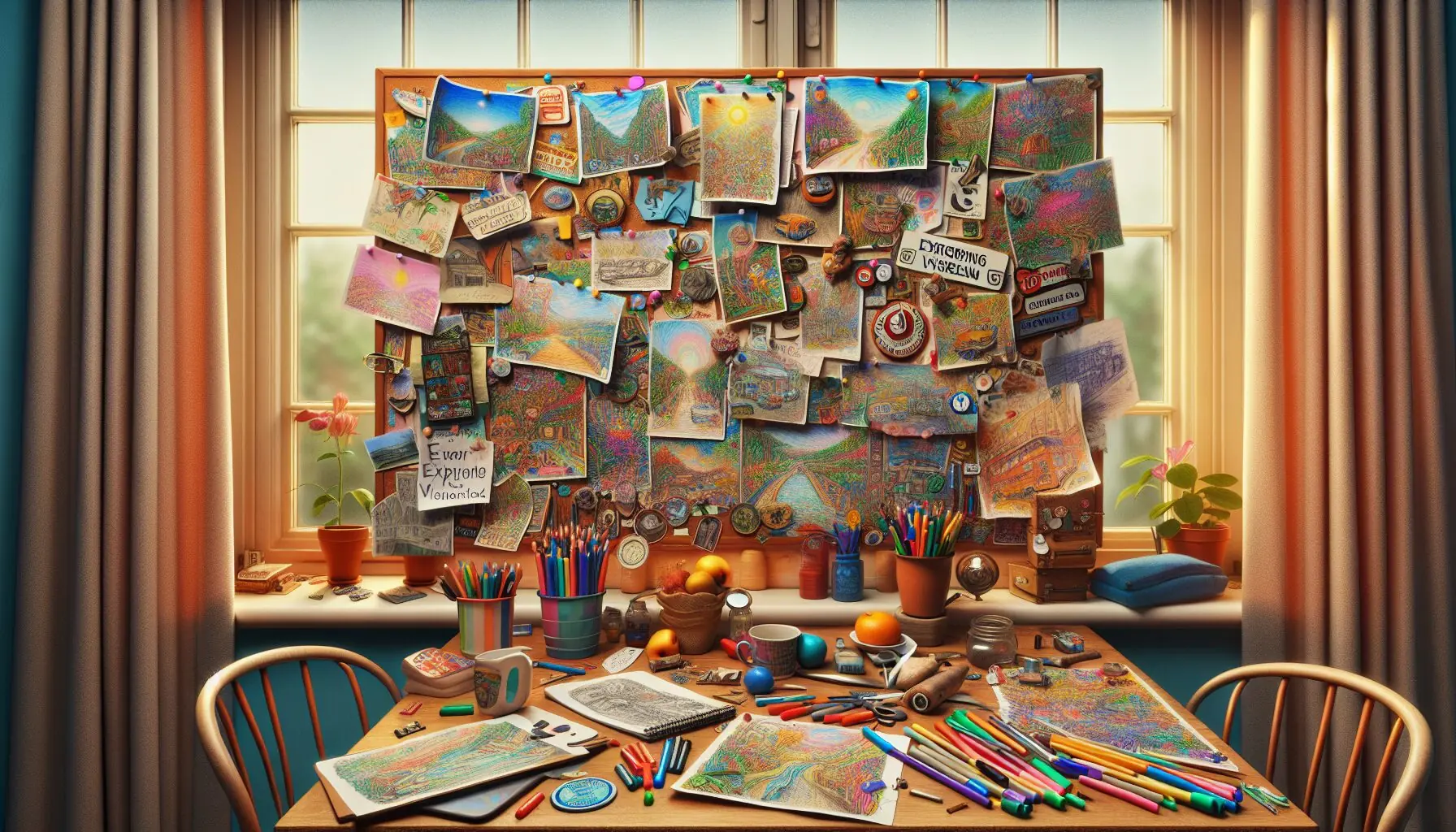 Generate an image of an inspirational bulletin board covered in colorful sketches and adventure badges.