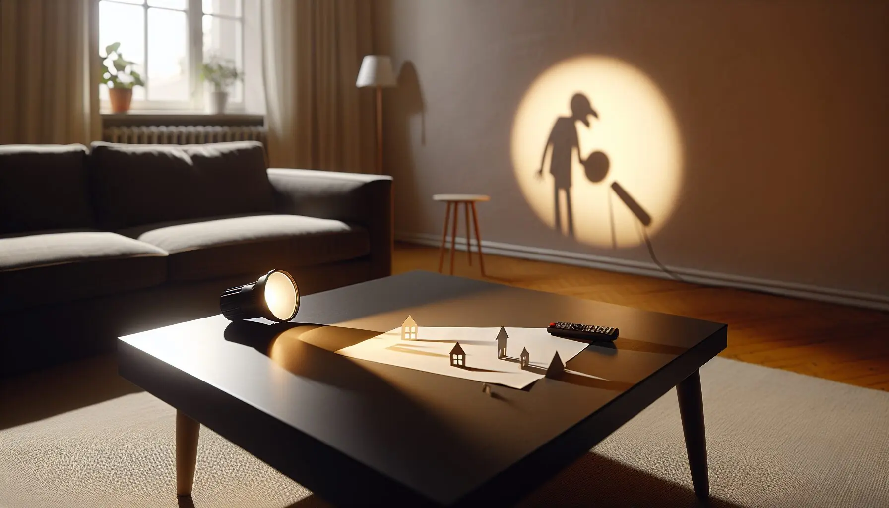 Generate an image of a flashlight aimed at a blank white wall, with paper cut-outs nearby.