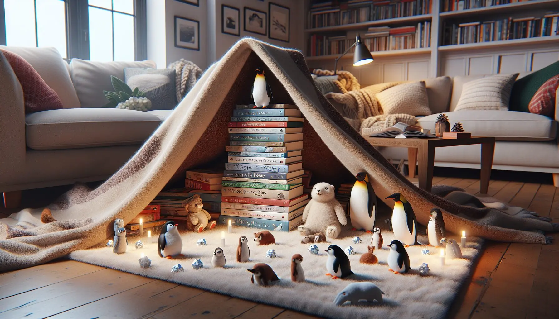 Create an image of a cozy reading nook with a blanket fort and a stack of animal books.