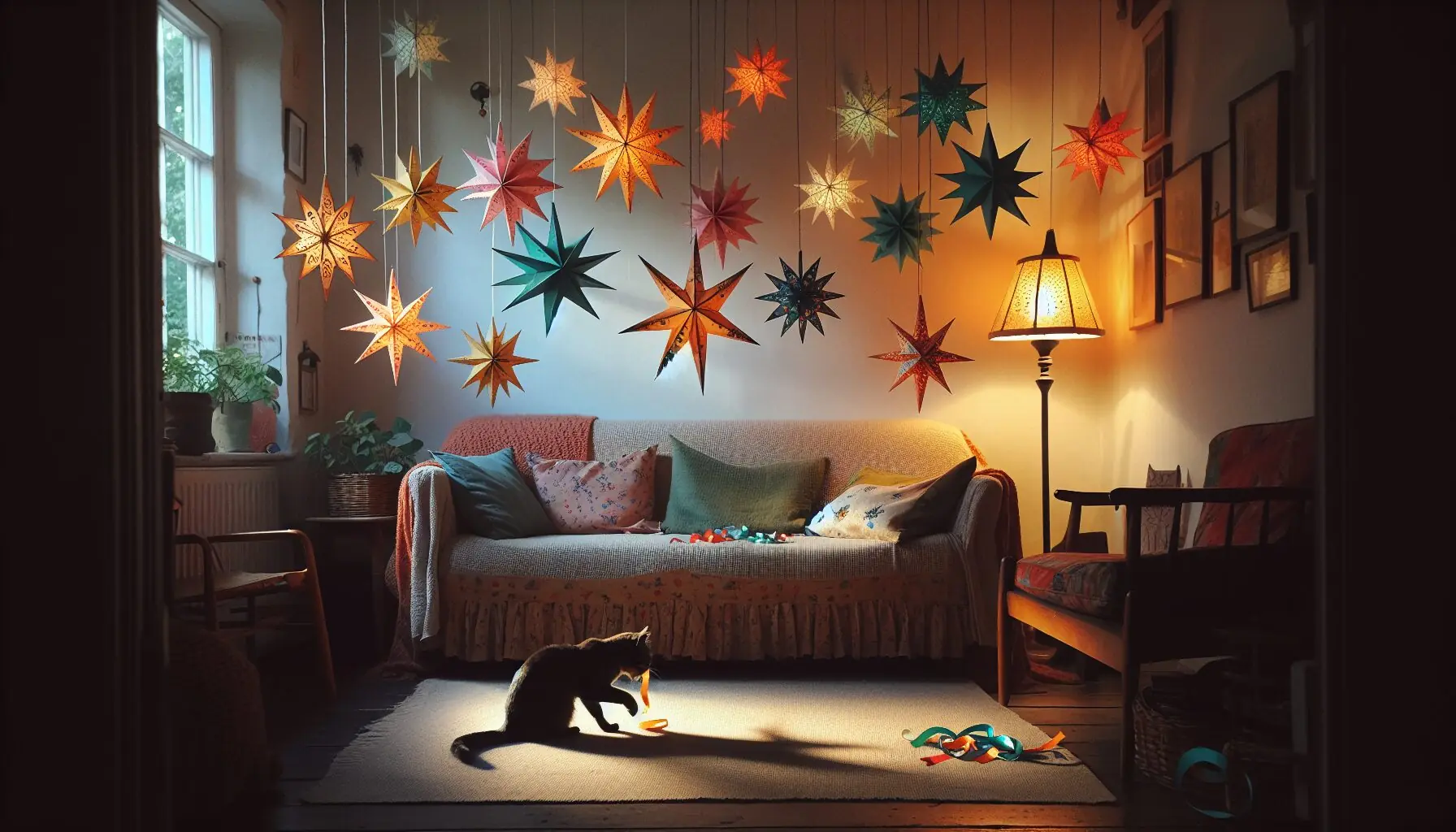 Generate an image of a cozy family living room with wish stars hanging, a silhouette of a cat playing with a ribbon.