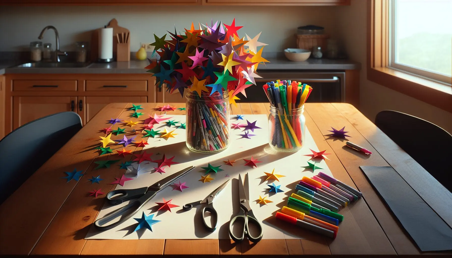 Generate an image of colorful stars made from paper, scissors, markers, and a jar on a table.