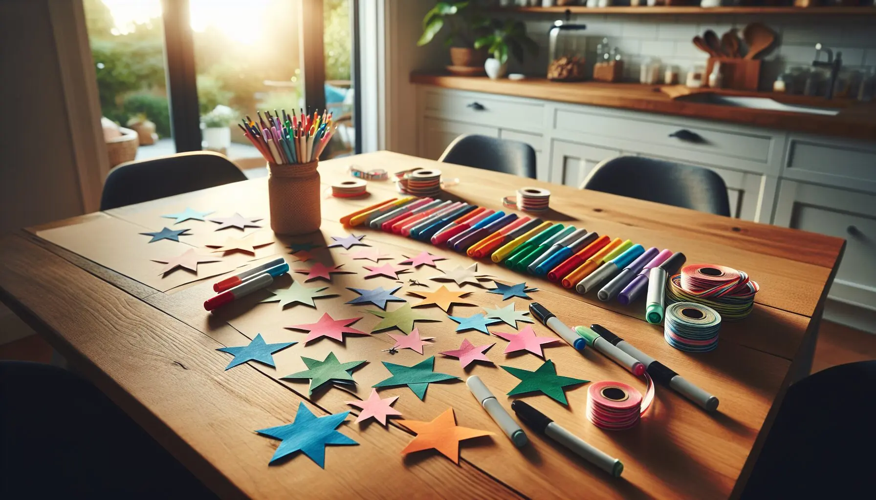 Generate an image of colorful paper star cutouts with markers and ribbons nearby.