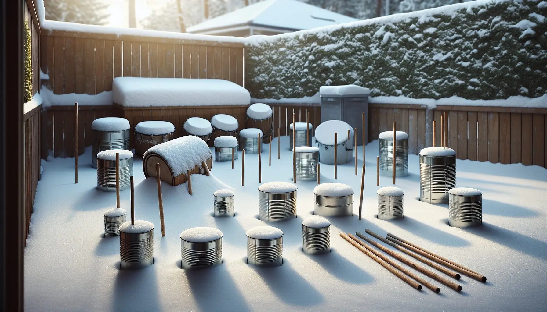 Generate an image of a snowy landscape with tin cans and sticks arranged like instruments.