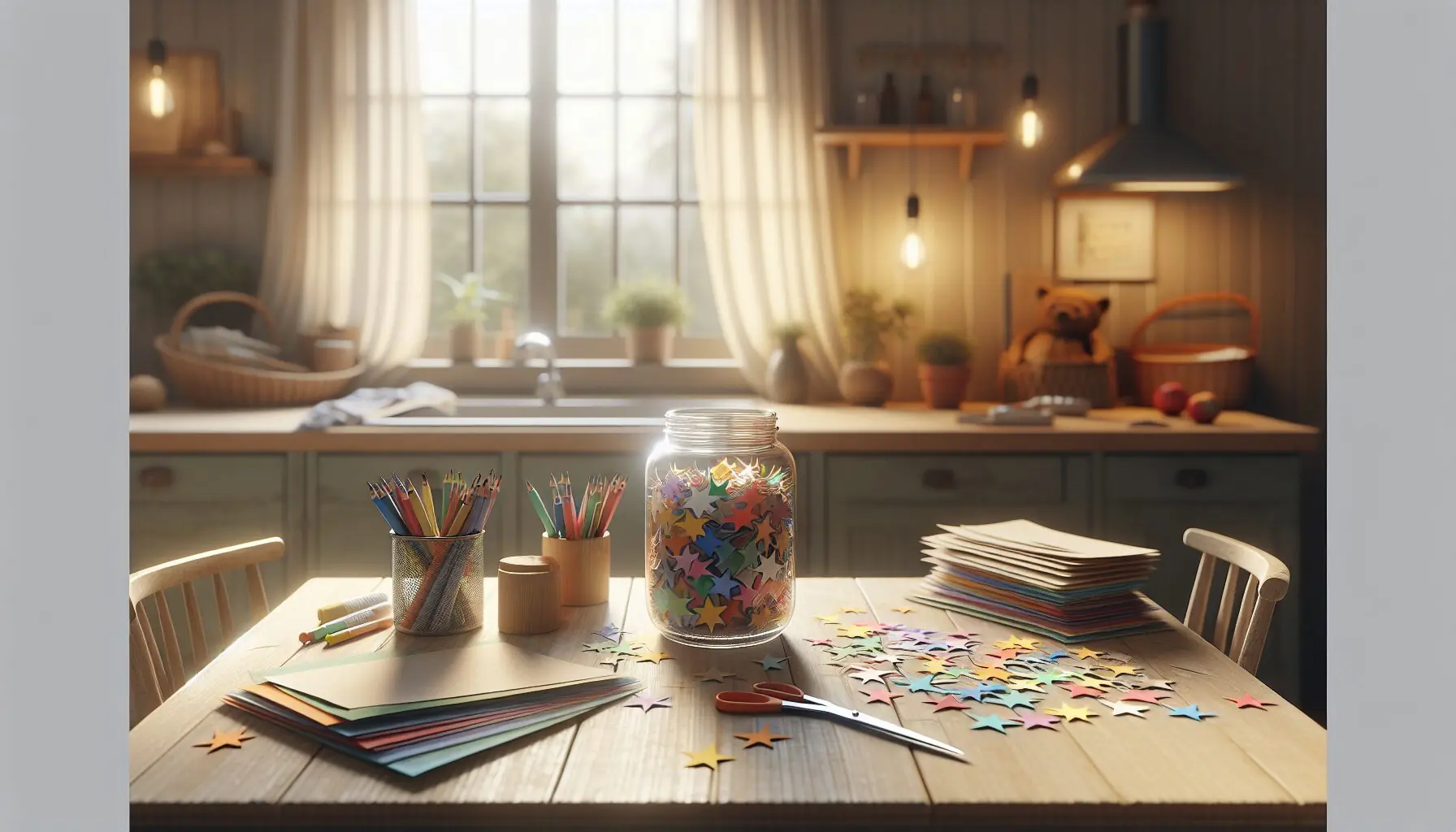 Generate an image of a cozy family setting with a jar filled with paper star wishes, surrounded by markers and papers.