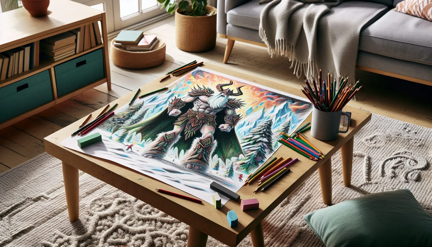 Generate an image of a child's drawing depicting a heroic figure in a snowy landscape, complete with imaginative details.