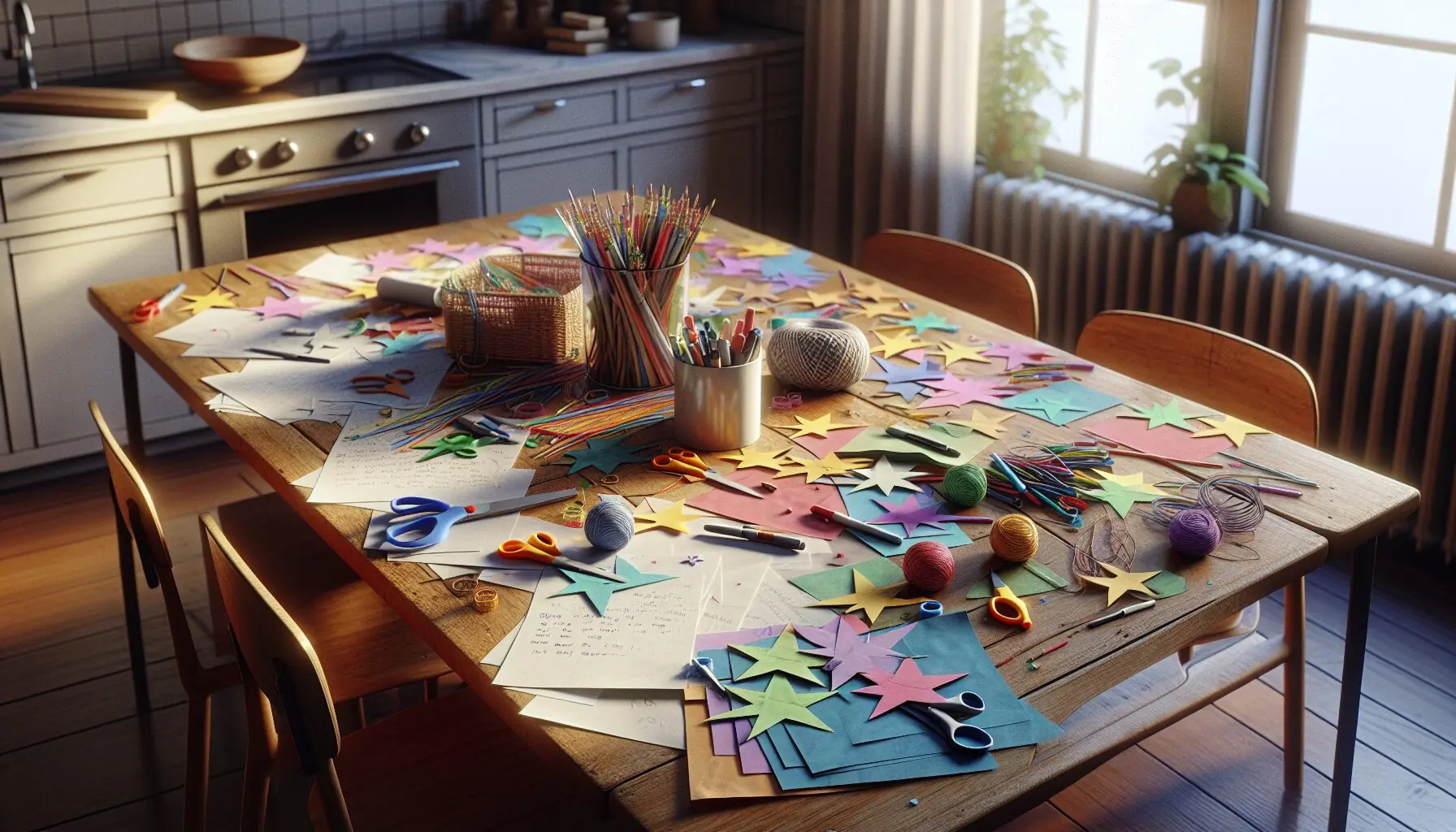 Generate an image showcasing a table with scissors, colorful paper, markers, and stars in progress.
