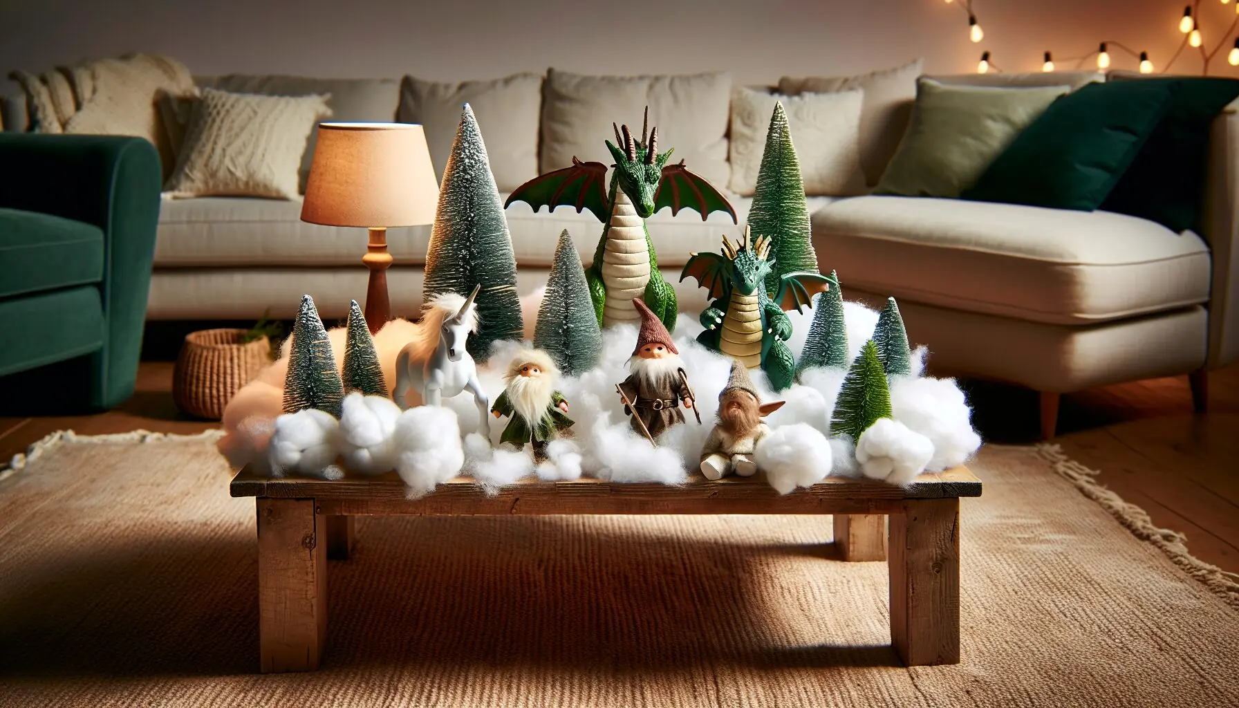 Generate an image of a snowy forest with mythical creatures hidden among the trees.