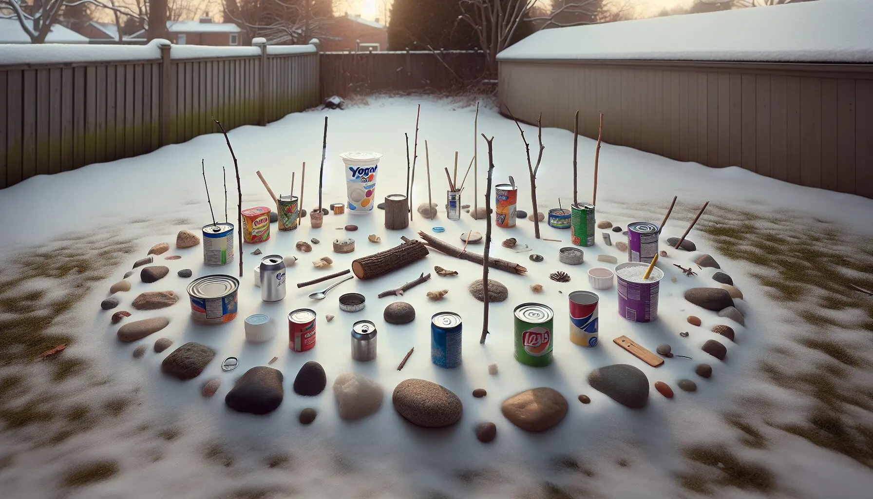 Generate an image of various home items like yogurt cups, tin cans, and sticks on snow.
