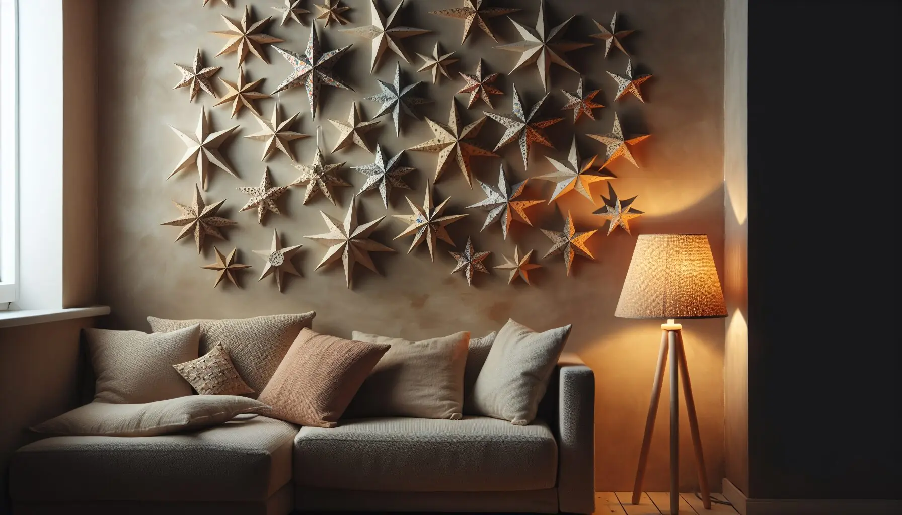 Generate an image of handmade decorated stars hung on a wall, gently lit with a warm light.