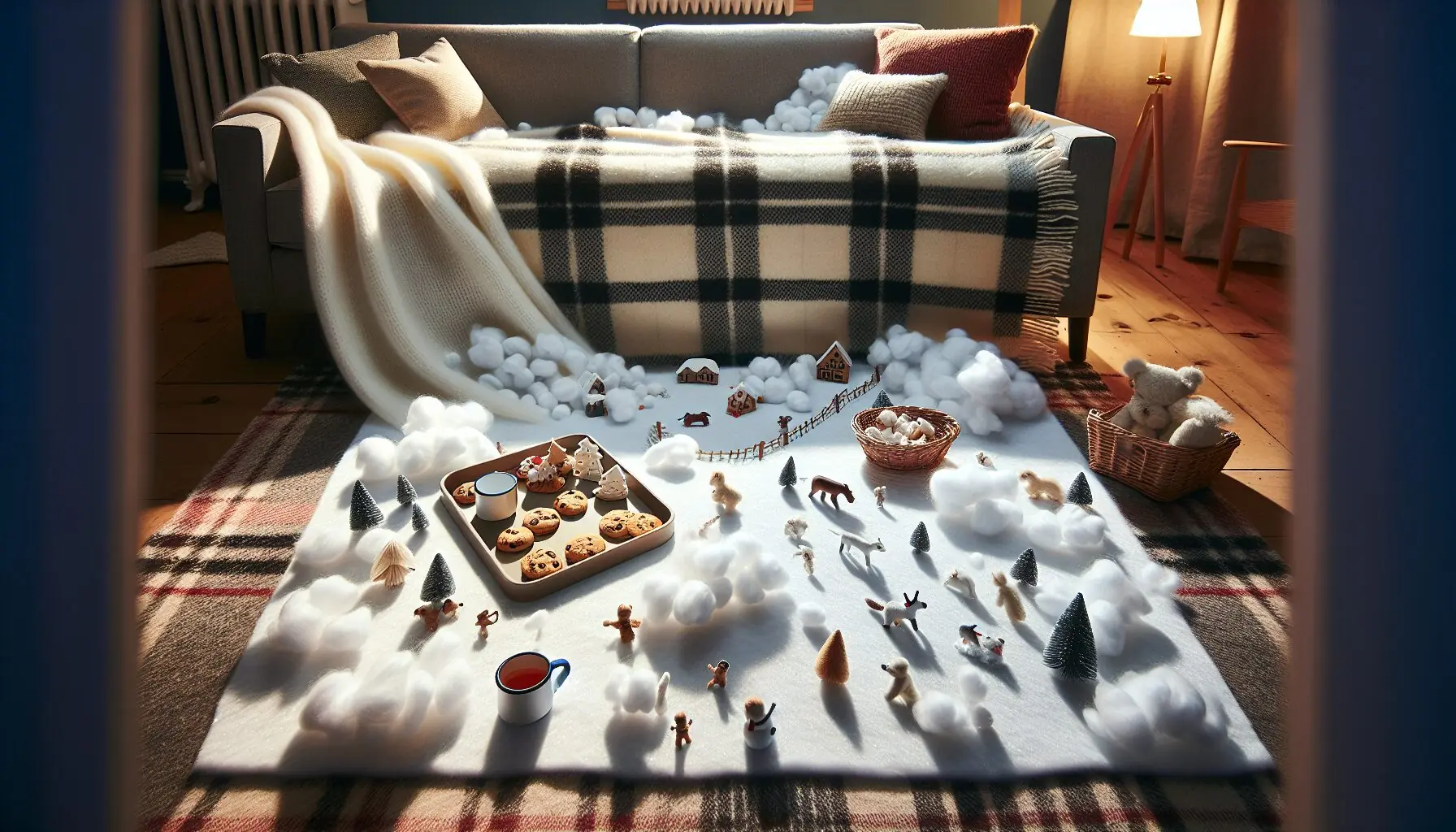 Generate an image of cotton balls, small toys, and cups on a cookie tray representing a winter wonderland setup.