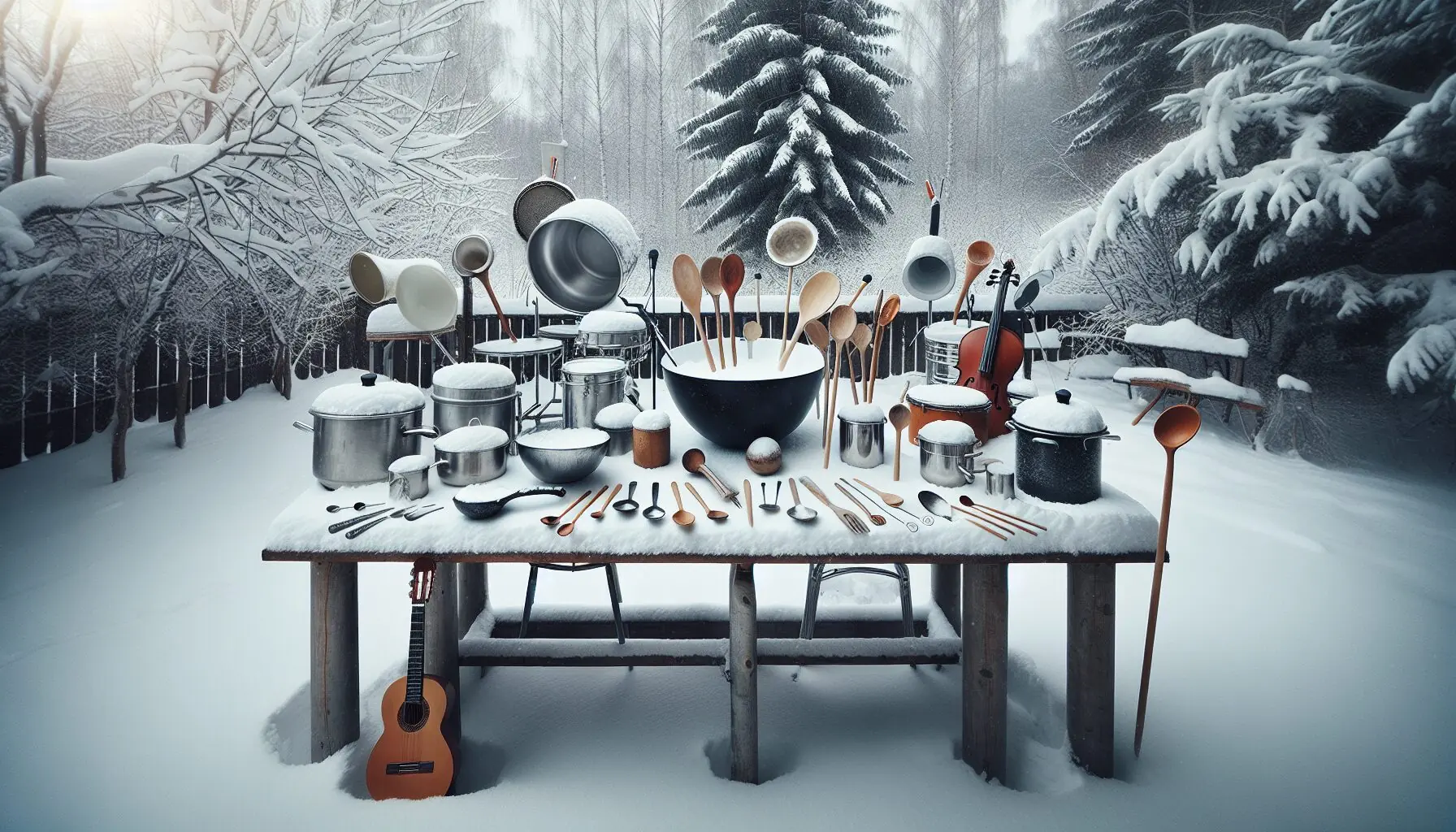 Generate an image of a child guiding a make-shift orchestra outdoors in a snowy setting.