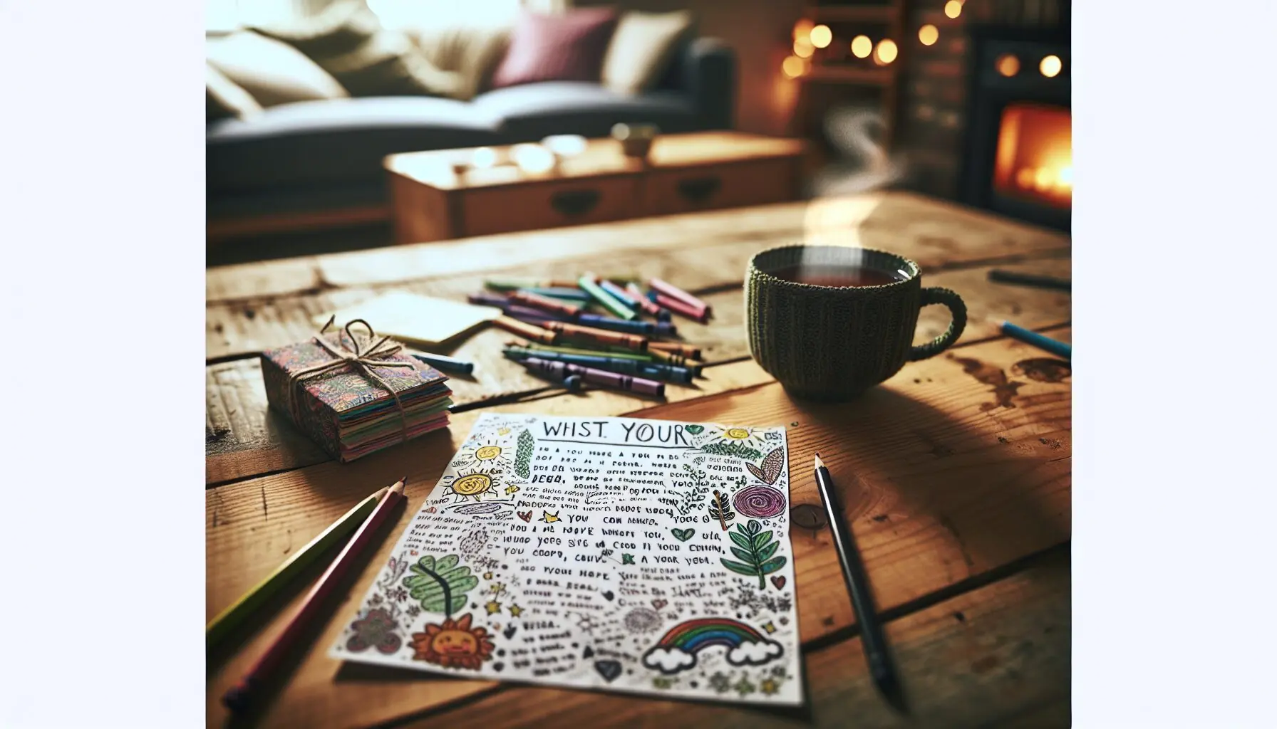 Generate an image of a note with positive affirmations and doodles, symbolizing family reflections and shared experiences.