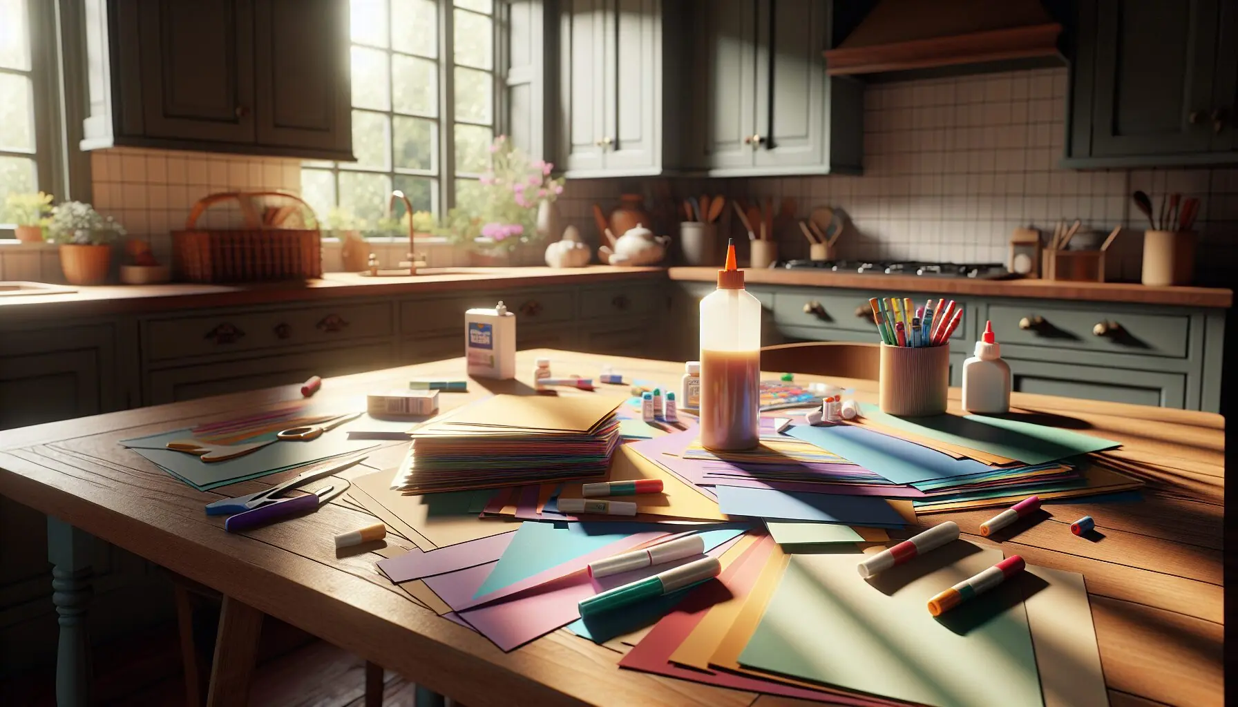 Generate an image of a table with colored paper, markers, glue, and scissors laid out for crafting.