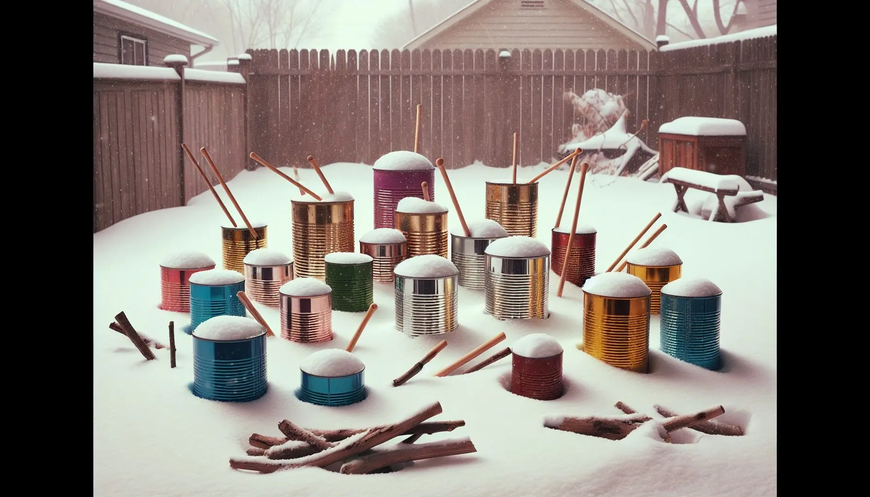 Generate an image of colorful tin cans on snow, sticks scattered, with gentle snowfall.