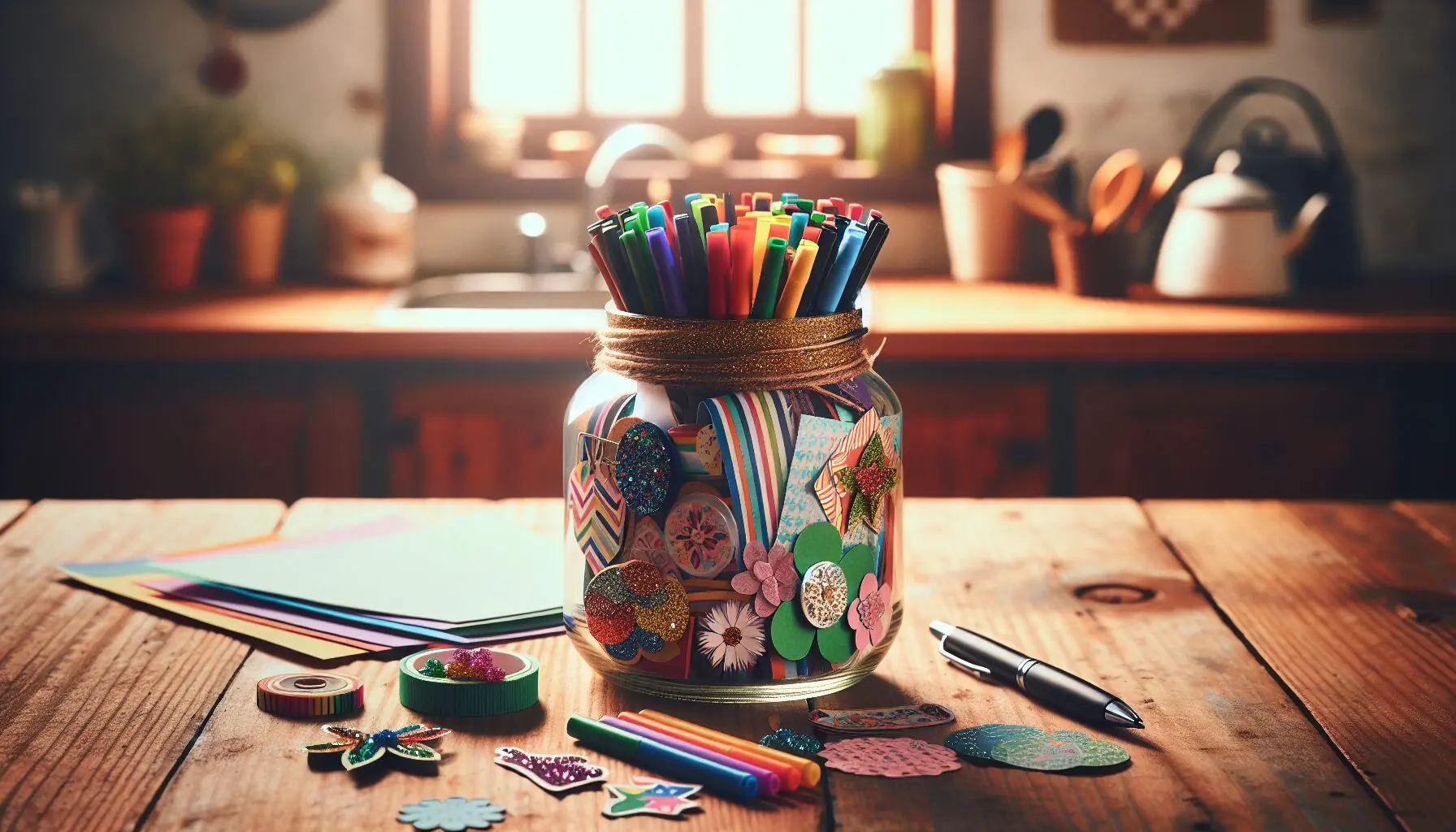 Create an illustration of a decorated jar filled with colorful paper strips, surrounded by markers and playful decorations like stickers and glitter.