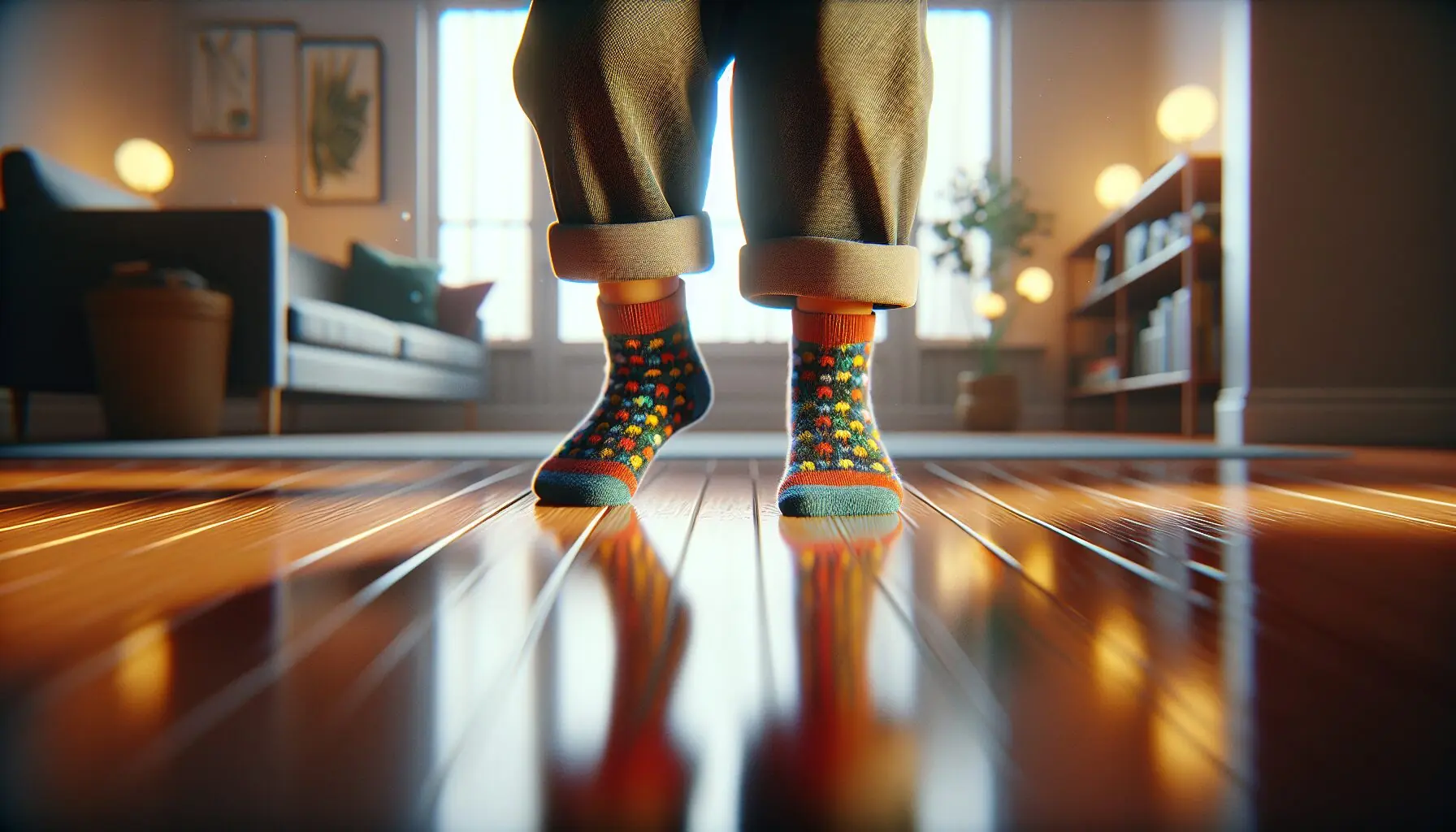 Generate an image of children’s dancing feet wearing bright socks on a polished wooden floor.