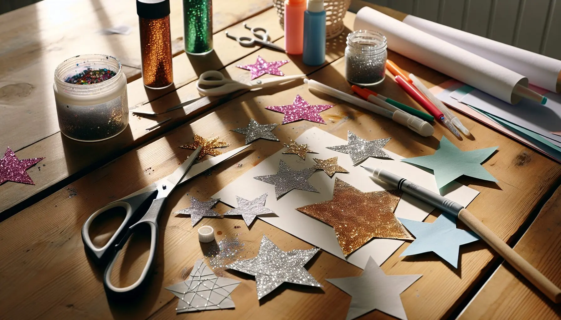 Generate an image of a table with art supplies, star cutouts being decorated with glitter.