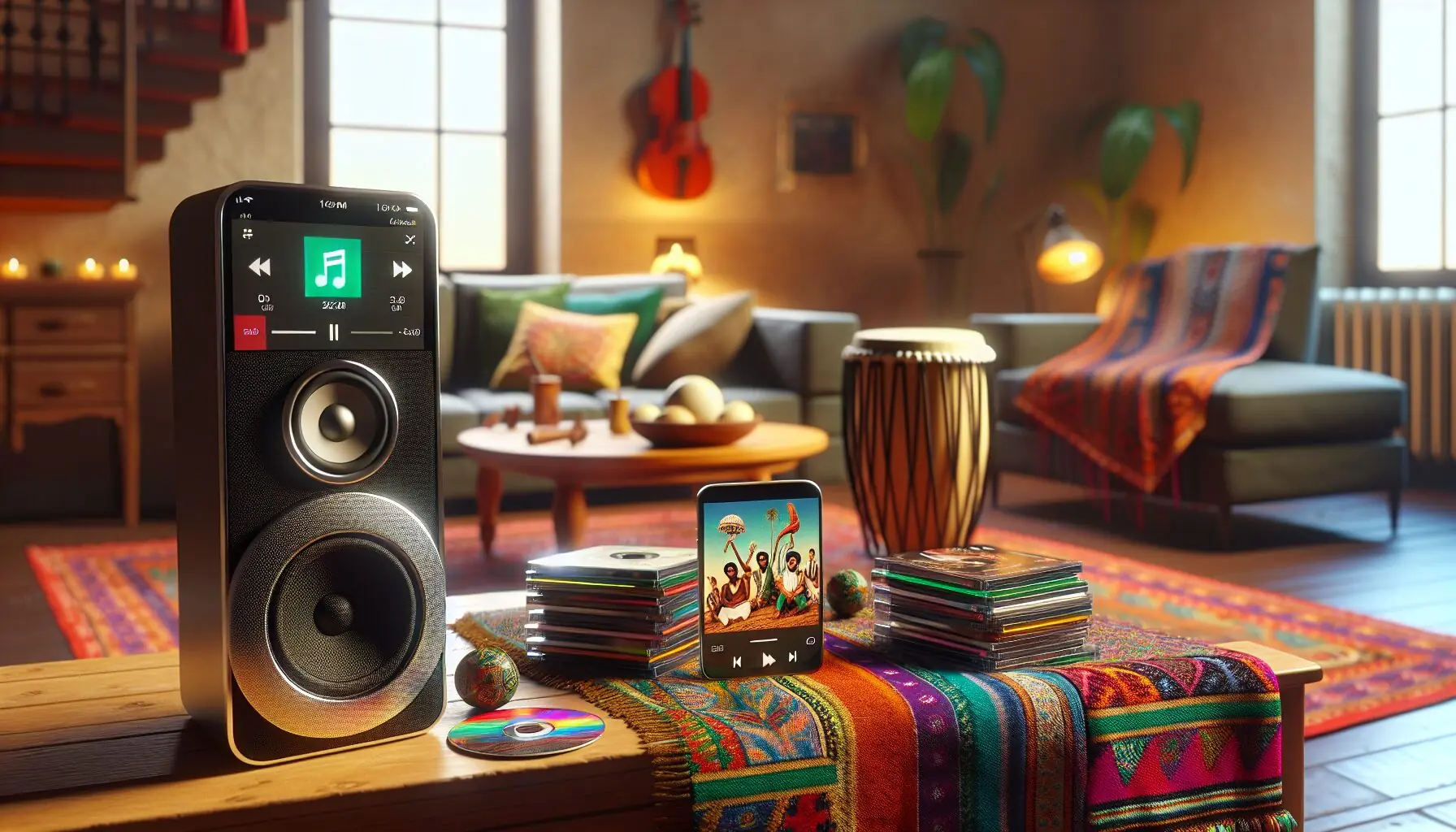 Generate an image of a diverse music playlist featuring various cultural instruments and themes.