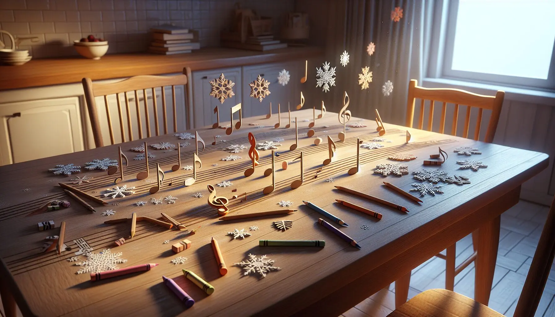 Depict an artistic representation of colorful musical notes intermingling with playful snowflakes.