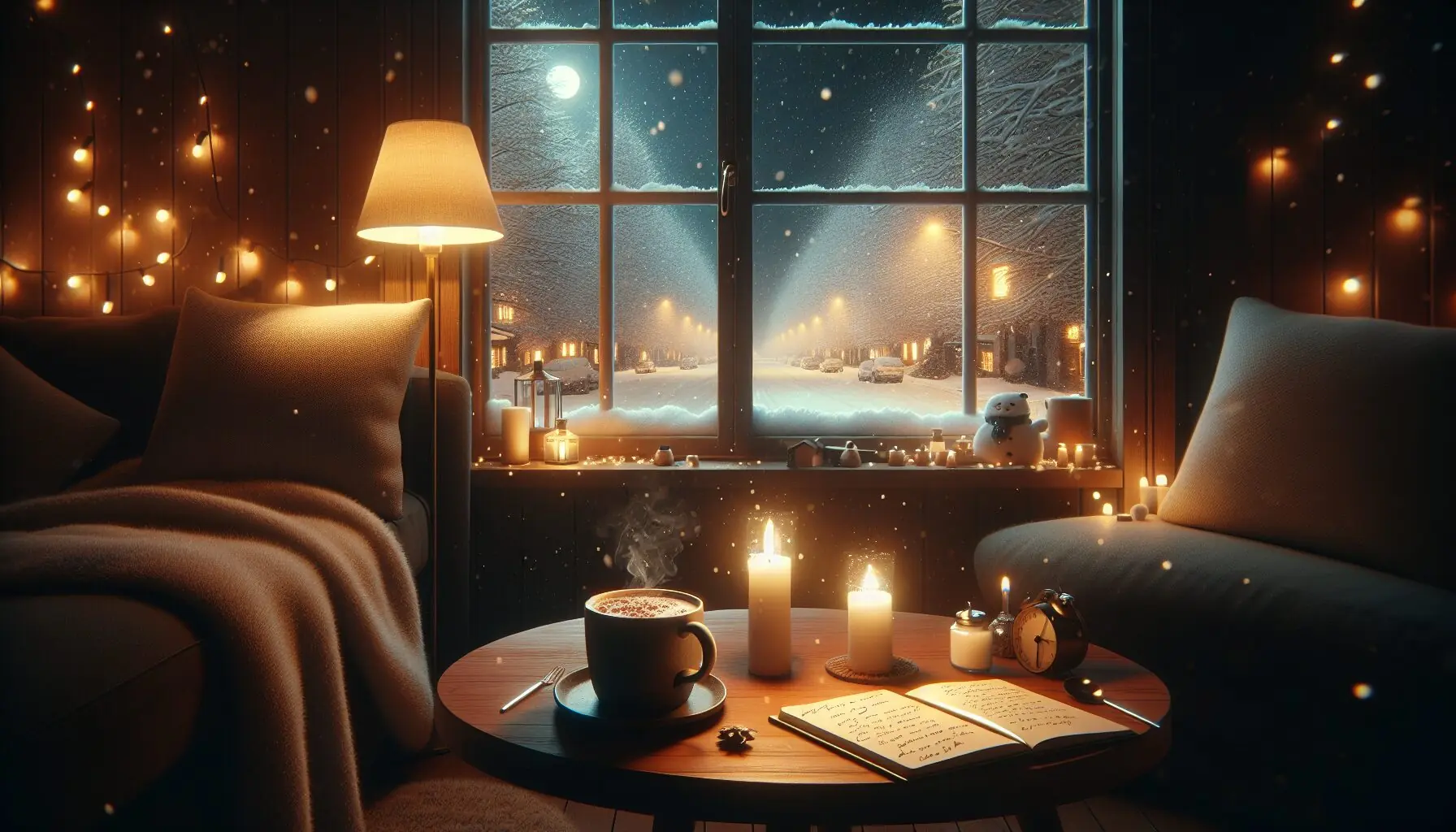 Imagine an illustration of a quiet, snowy night scene with glowing streetlights and snowflakes gently falling.