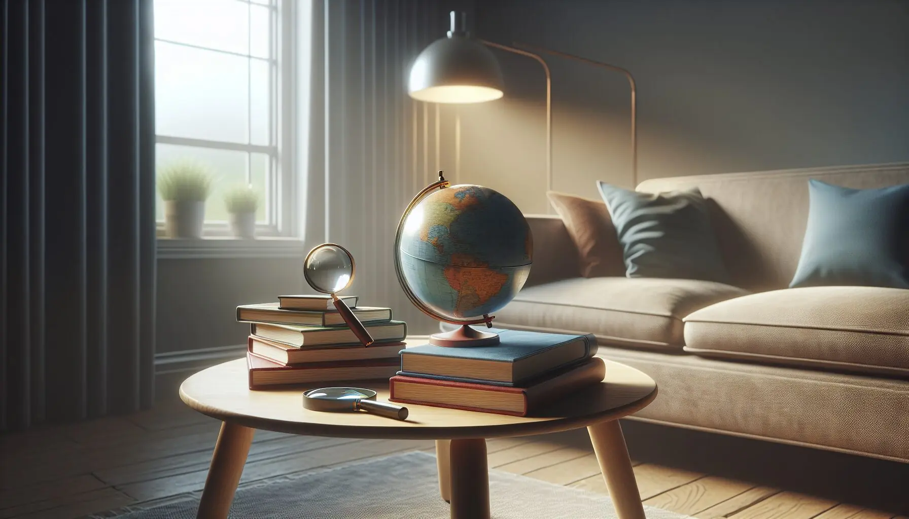 Visualize a cozy corner with books, a globe, and a magnifying glass, symbolizing exploration and discovery without human presence.
